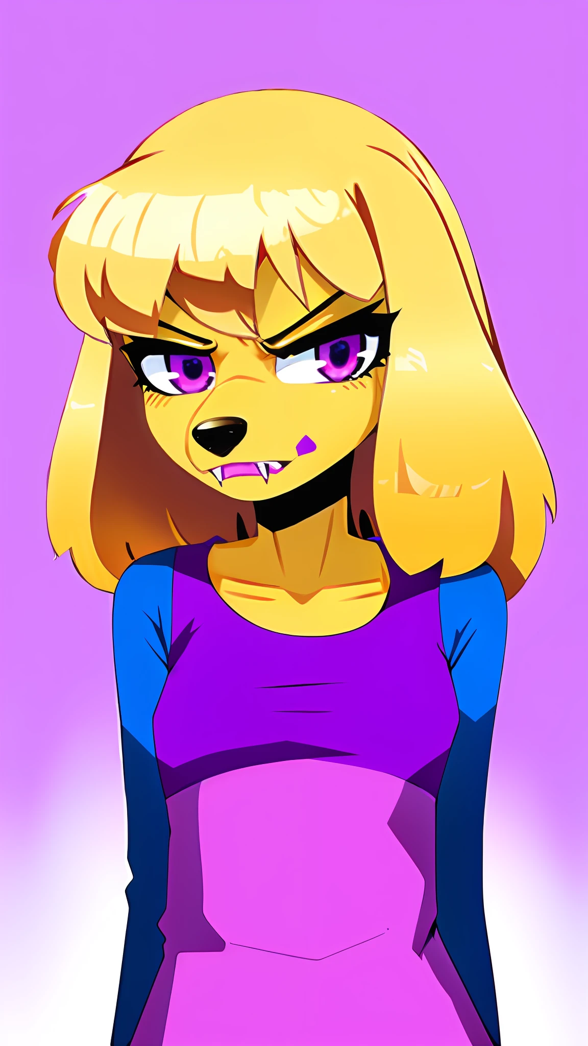 1girl, solo, furry female, tongue, purple eyes, furry, animal ears, dog girl, dog ears, animal nose, upper body, portrait, snout, blonde hair, teeth, collarbone, angry, annoyed, body fur, fangs, flat color, looking at viewer, yellow fur, blonde fur, solid color fur, spaniel, golden retriever, ears as hair, lop ears, adult, clothed, closed mouth, :/, violet eyes, :3