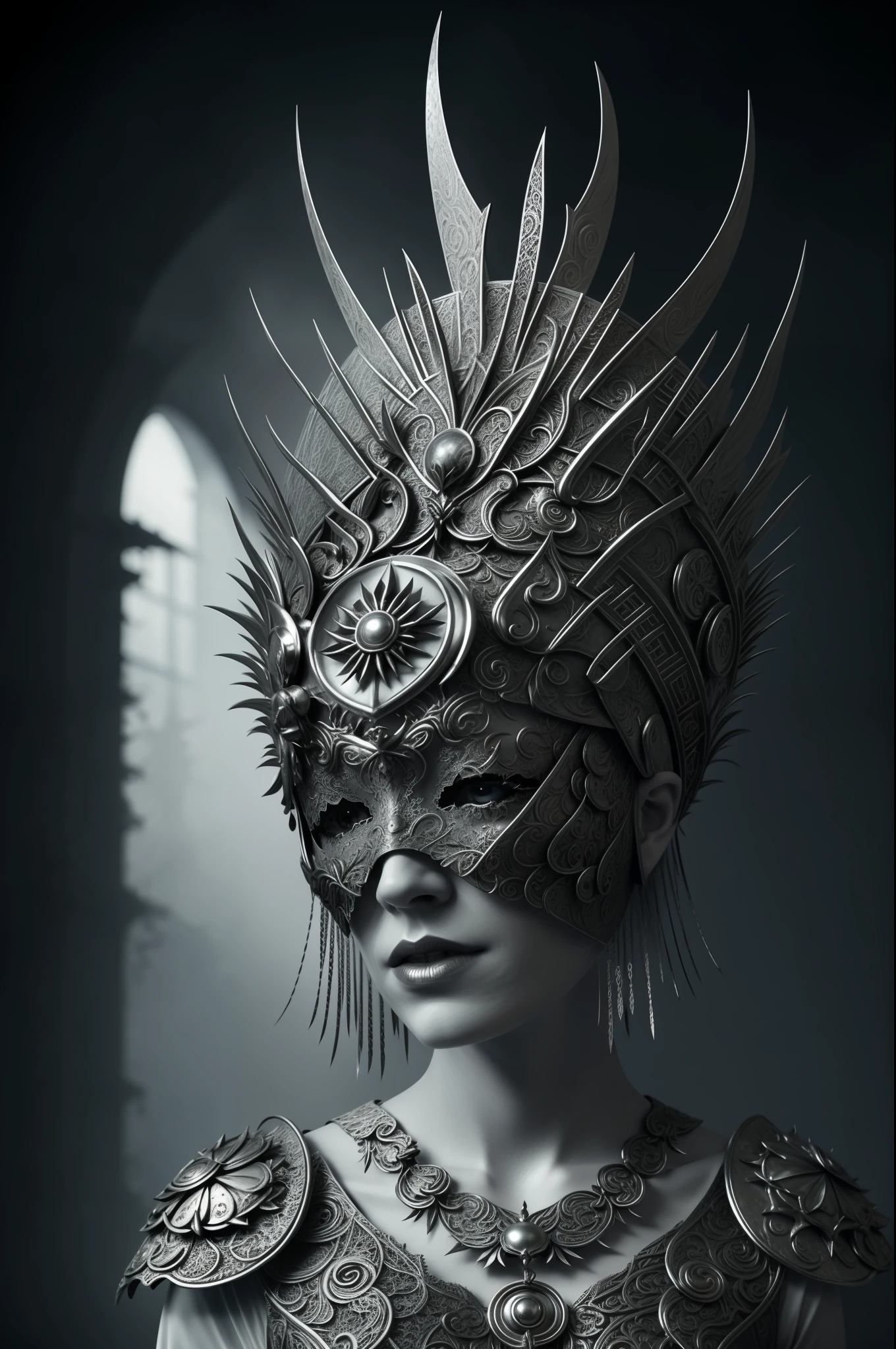 Portrait a woman wearing a blind thorn mask Silver halo, white hair, Gothic dress, lace trim, tone mapped, detailed, highly detailed, digital painting, artstation, concept art, soft, sharp focus, beautiful illustration, photo, backlit, dynamic lighting, fog, intricate, film grain, professional, taken by a Canon EOS R5, facing the viewer,