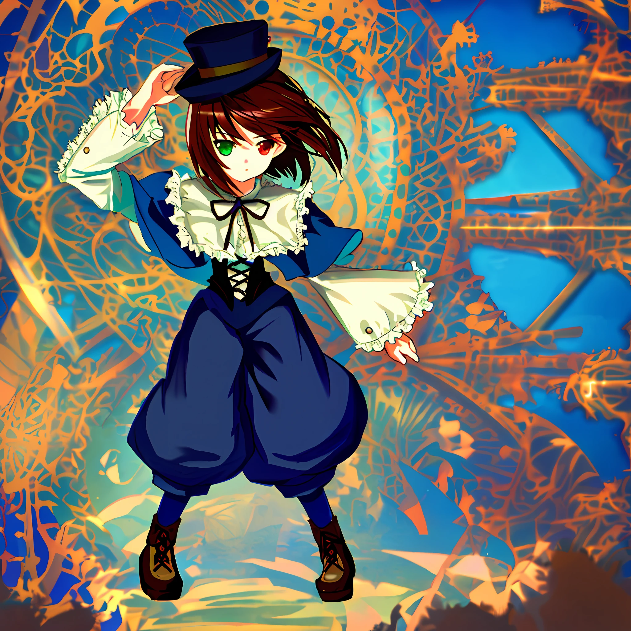 masterpiece, absurdres, highres, best quality, looking to viewer, 1 girl, solo, souseiseki, heterochromia, heterochromia, short hair, frills, blue capelet, corset, top hat, black headwear, neck ribbon, long sleeves, blue pants, capri pants, white pantyhose, brown footwear,red eyes, green eyes, brown hair