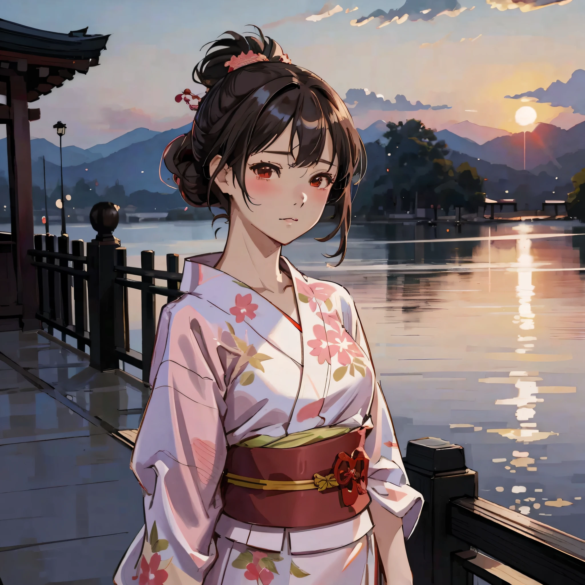 anime girl in kimono outfit standing on a pier overlooking a lake, beautiful anime portrait, palace ， a girl in hanfu, artwork in the style of guweiz, beautiful anime style, anime style 4 k, digital anime illustration, beautiful anime girl, painted in anime painter studio, anime style. 8k, anime art wallpaper 8 k, beautiful anime art style