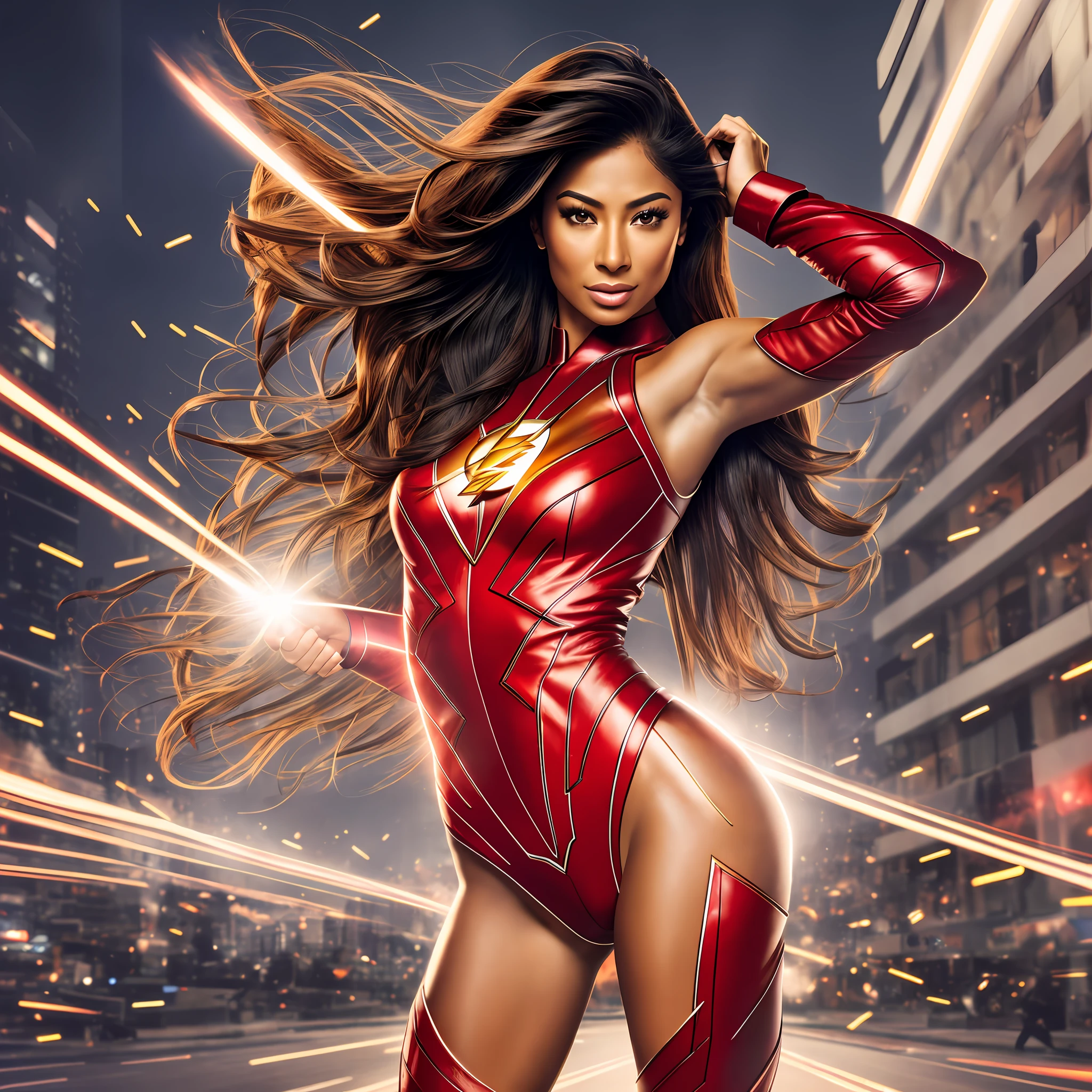 Photo RAW, [Nicole Scherzinger] as the woman flash, lighting around her body, posing, hero, ruined background city, (highly detailed skin: 1.2), 8k uhd, dslr, soft lighting, high quality, film grain, Fujifilm XT3 --auto --s2