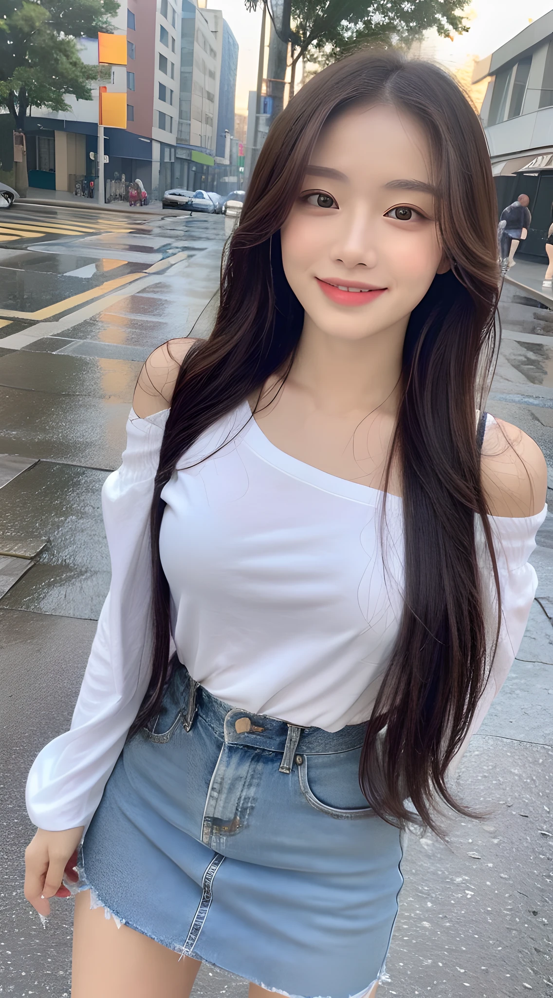((Best Quality, 8k, Masterpiece: 1.3)), Focus: 1.2, Perfect Body Beauty: 1.4, Buttocks: 1.2, ((Long Hair)), (Wet Clothes: 1.1) , (Rain, Street:1.3), Off-the-Shoulder Miniskirt: 1.1, Highly detailed face and skin texture, Fine eyes, Double eyelids, Whitened skin, smile