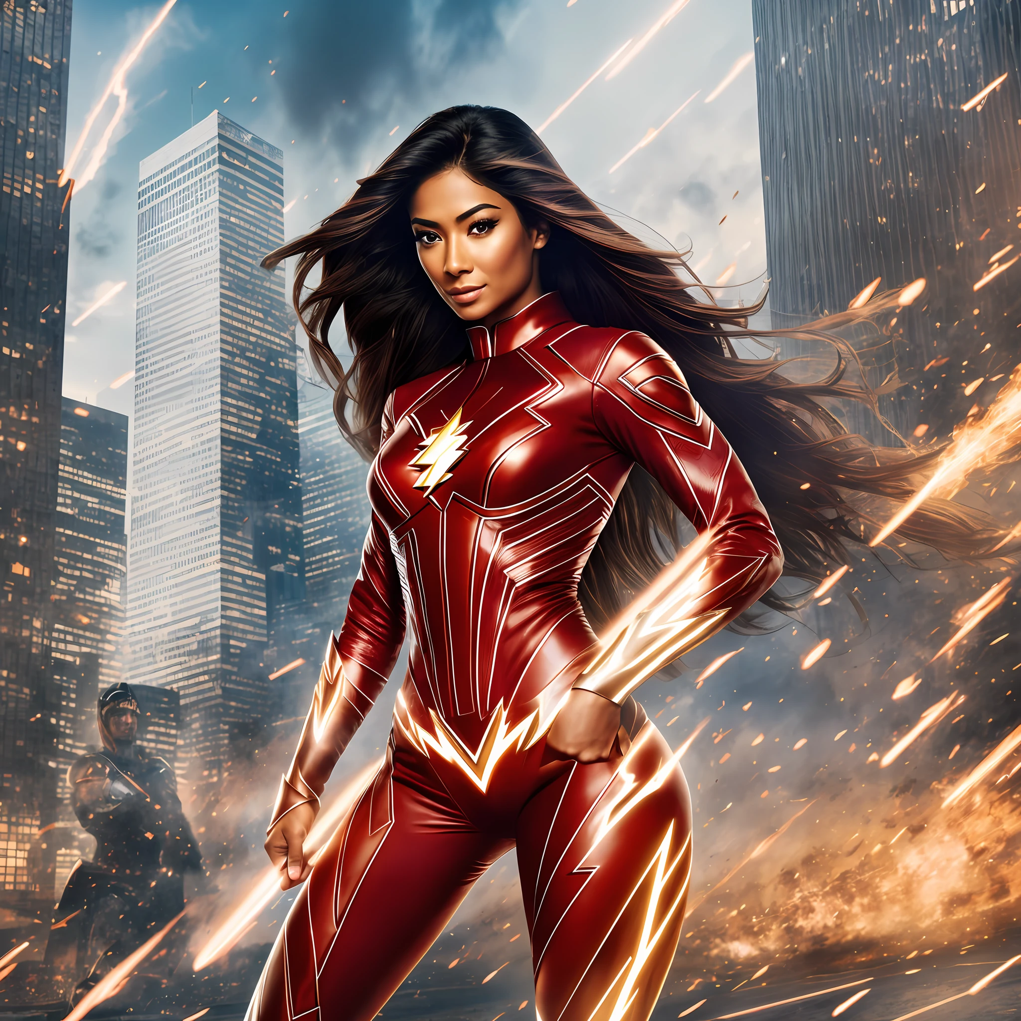 Photo RAW, [Nicole Scherzinger] as the woman flash, lighting around her body, posing, hero, ruined background city, (highly detailed skin: 1.2), 8k uhd, dslr, soft lighting, high quality, film grain, Fujifilm XT3 --auto --s2