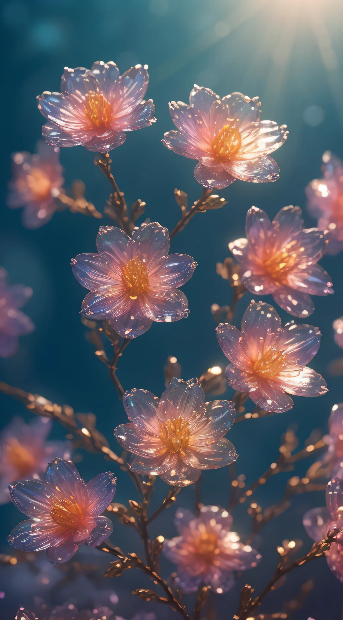 crystal spring blossom,
fantasy, galaxy, transparent,
shimmering, sparkling, splendid, colorful,
magical photography, dramatic lighting, photo realism, ultra-detailed, 4k, Depth of field, High-resolution