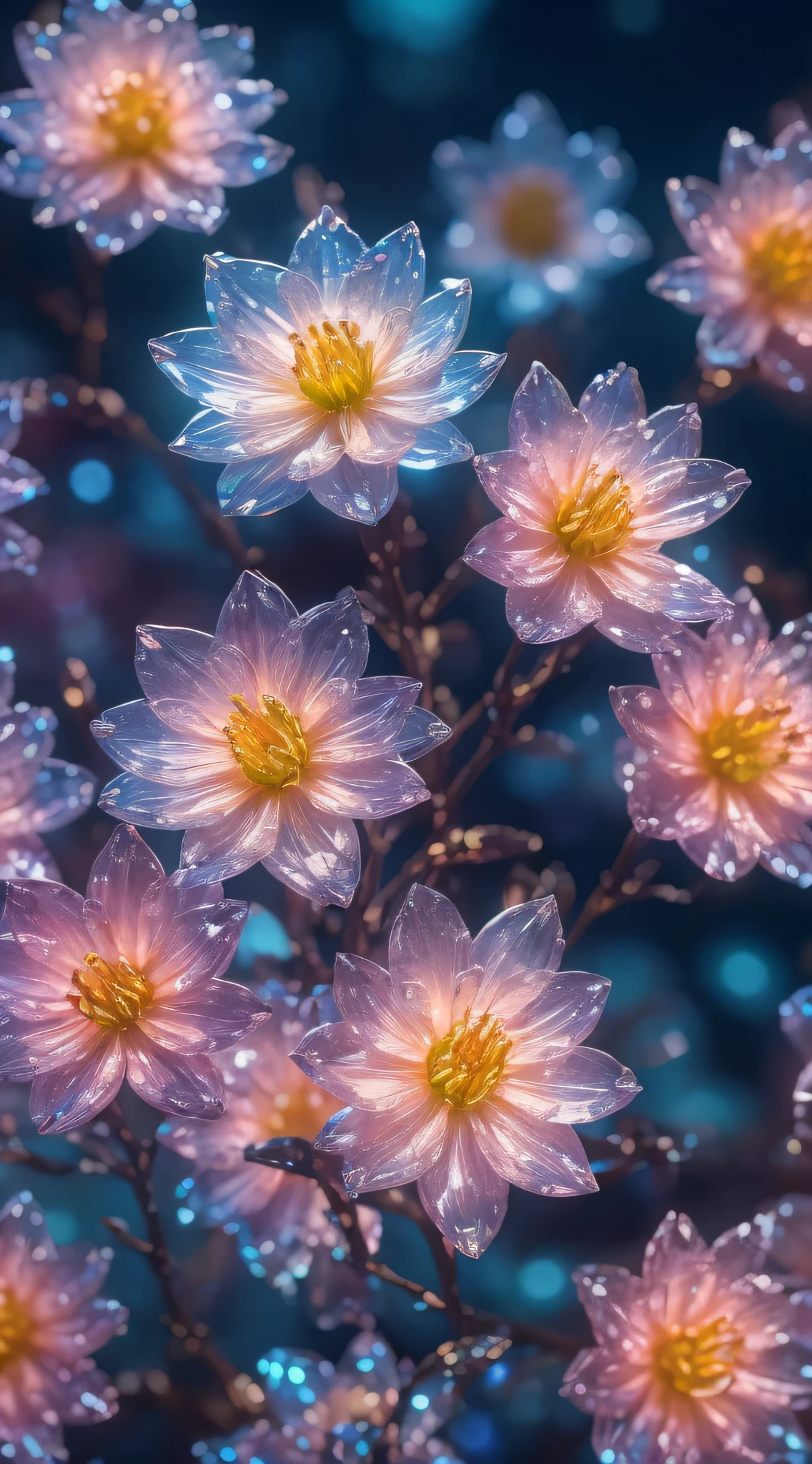 crystal spring blossom,
fantasy, galaxy, transparent, 
shimmering, sparkling, splendid, colorful, 
magical photography, dramatic lighting, photo realism, ultra-detailed, 4k, Depth of field, High-resolution