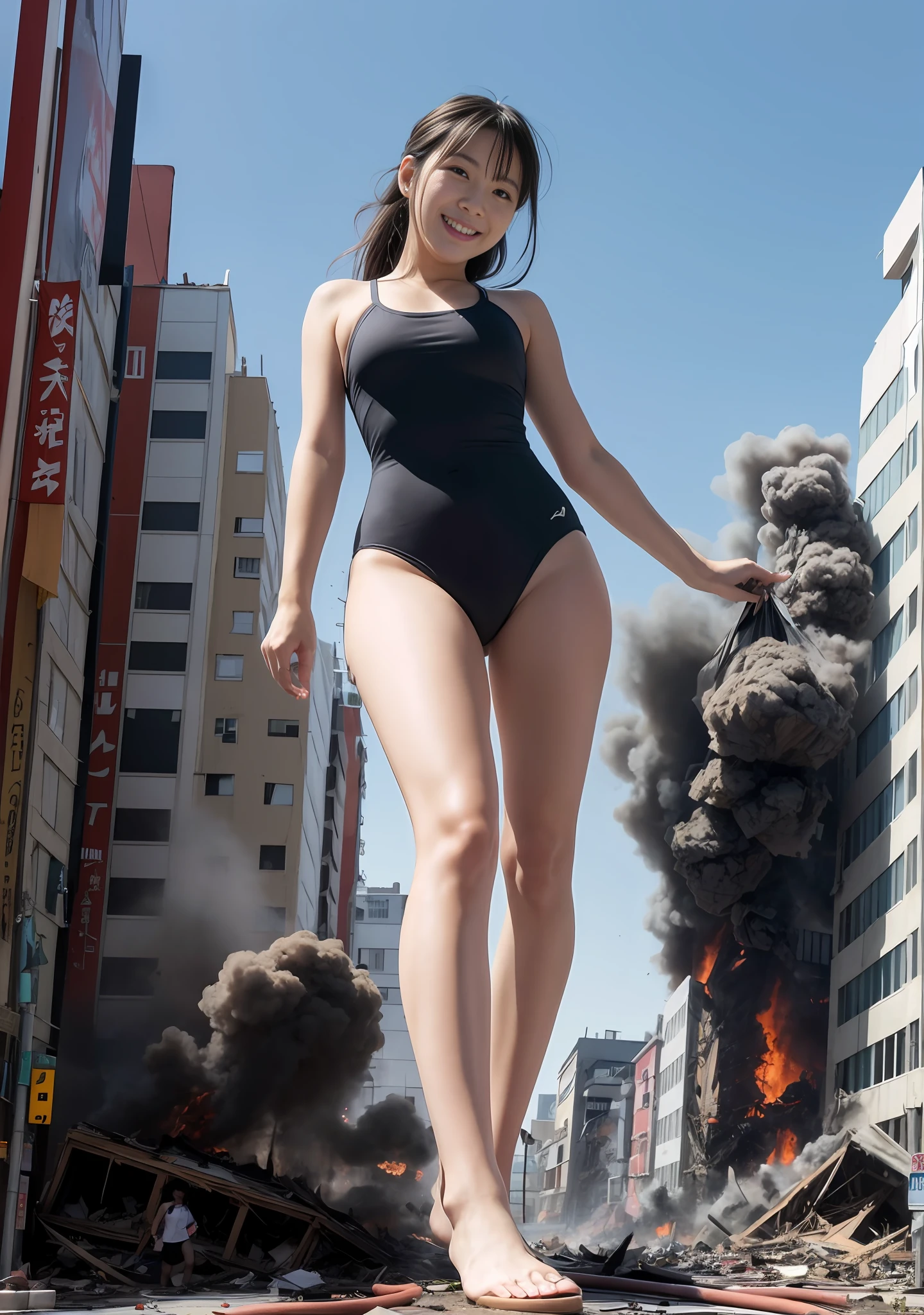 masterpiece, highly detailed, high resolution, 1girl, gtscity, tokyo, stomping on buildings, destroying buildings, collapsed buildings, destroyed city, buildings on fire, buildings exploding, smoke coming out of buildings, smiling, looking happy, small city, little people, photorealistic, cute Japan girls, medium breasts, school swimsuit, barefoot, toes, Dynamic angle, from below