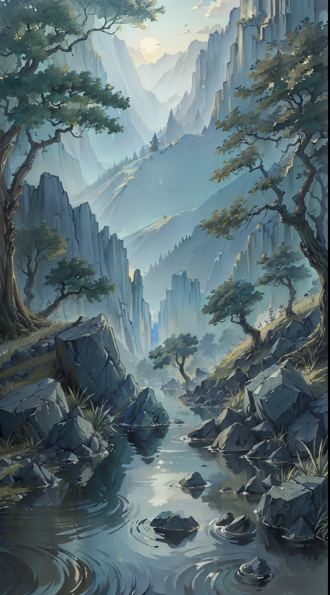 (Masterpiece, Best Quality, High Quality, Highres:1.4), Detailed, Extremely Detailed, Ambient Soft Lighting, 4K, 户外,彩虹, (Nature, Oak Forest:1.2), (Rocks:1.2), Mountais, Flowers, Plants,