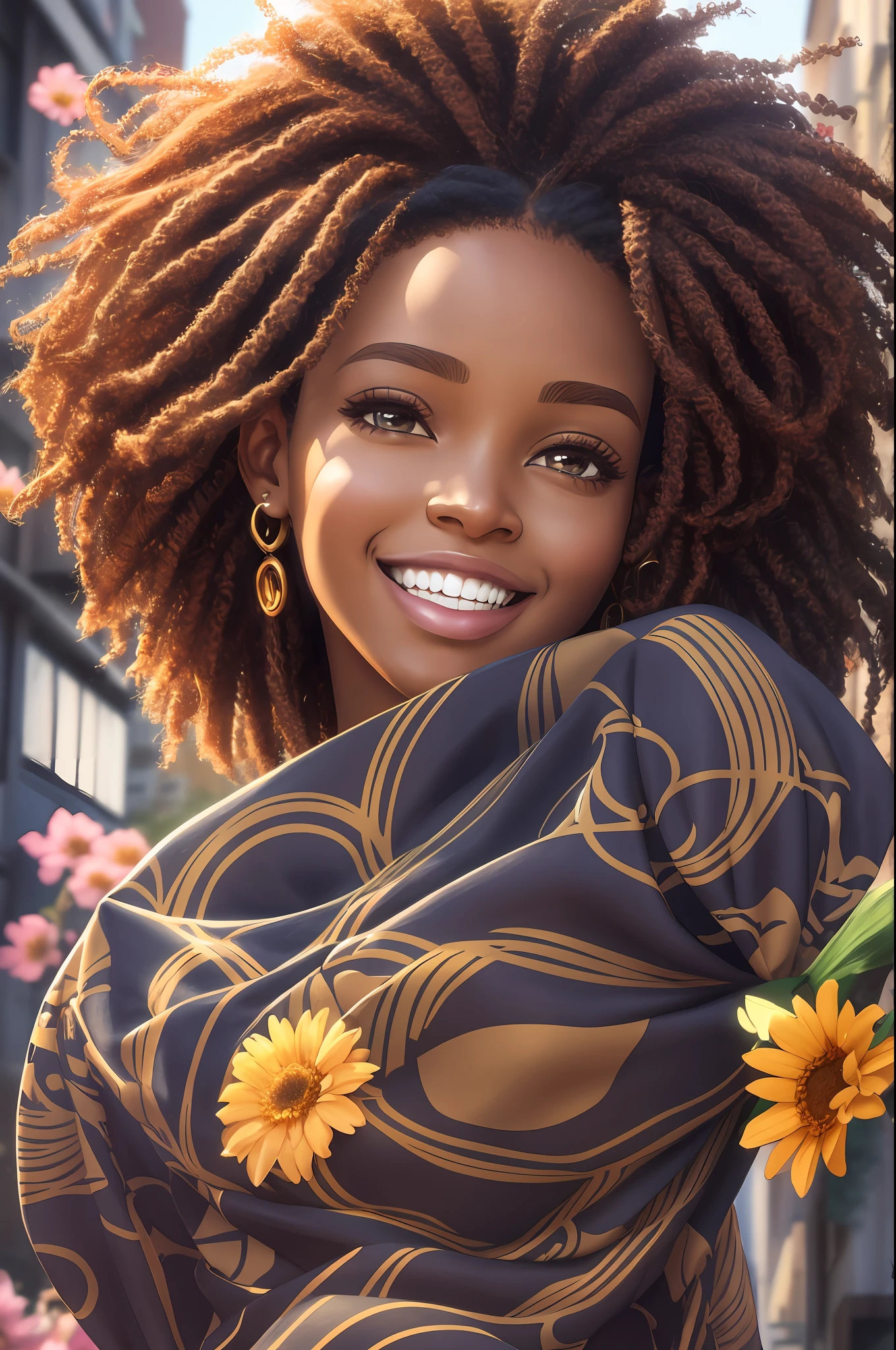 Playtoon style realistic portrait of beautiful 9 month old African African baby girl ((dark brown skin color)) in city street, with jumping happily, ((Playtoon)), cute smile, ((with flowers)), wearing T-shirt (((no pattern))), orange and denim, current fashion, mega hair long curly hair, ((kanekalon)), (cinematic contour lighting), close-up, product preview, detailed facial details, perfect face, sharpness, trend art, sharp facial details, cgsociety , very high quality digital art, exquisite hyperdetail, 4k, 3D, 8k, Playtoon style, soft lighting, dreamy fashion --auto --s2