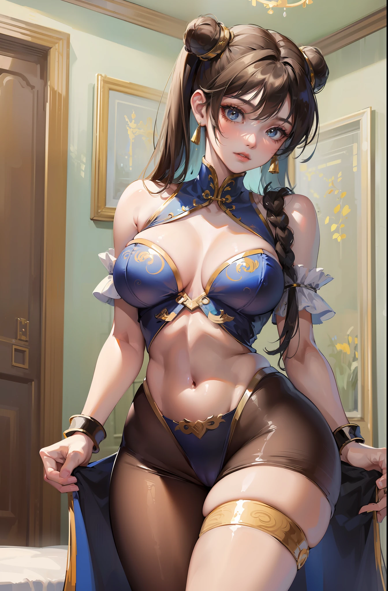((Best Quality, 8K, Masterpiece: 1.3)), Beautiful Woman with Perfect Figure: 1.4, Slim Belly: 1.2, ((Layered Hairstyle, Room: 1.2)), Highly Detailed Facial and Skin Texture, Detailed Eyes, Double Eyelids, Chun-Li, Black Pantyhose