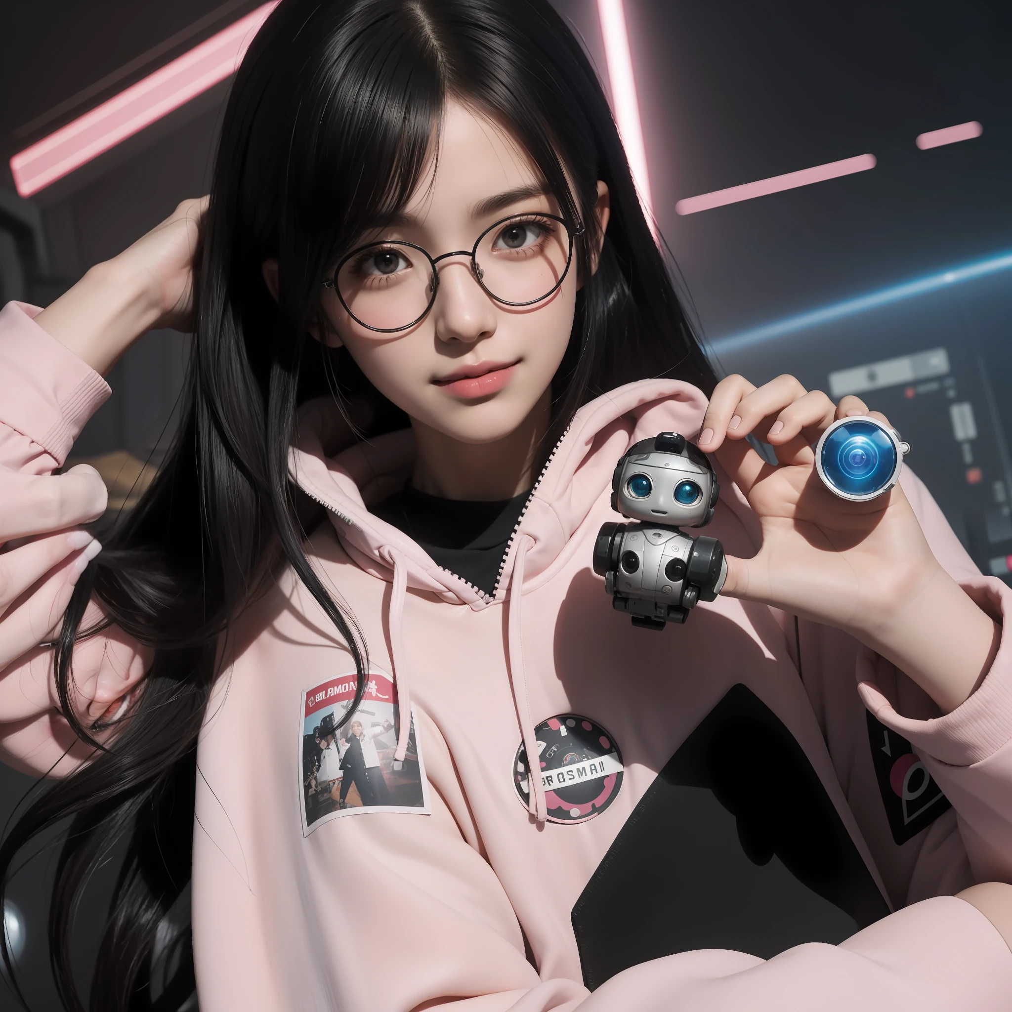 masterpiece, best quality, amazing, beautiful detailed eyes, a character portrait, cute face, smile, black hair and red streaked hair, a anime girl wearing a wearing round glasses in a pink camouflage Hoodie, robotic parts hand, heart pose, inspired by ((Robocosan, hololive)), by Makoto Shinkai, detailed texture, space art, explosions all around, a school in the background, Unreal Engine, trending on artstation
