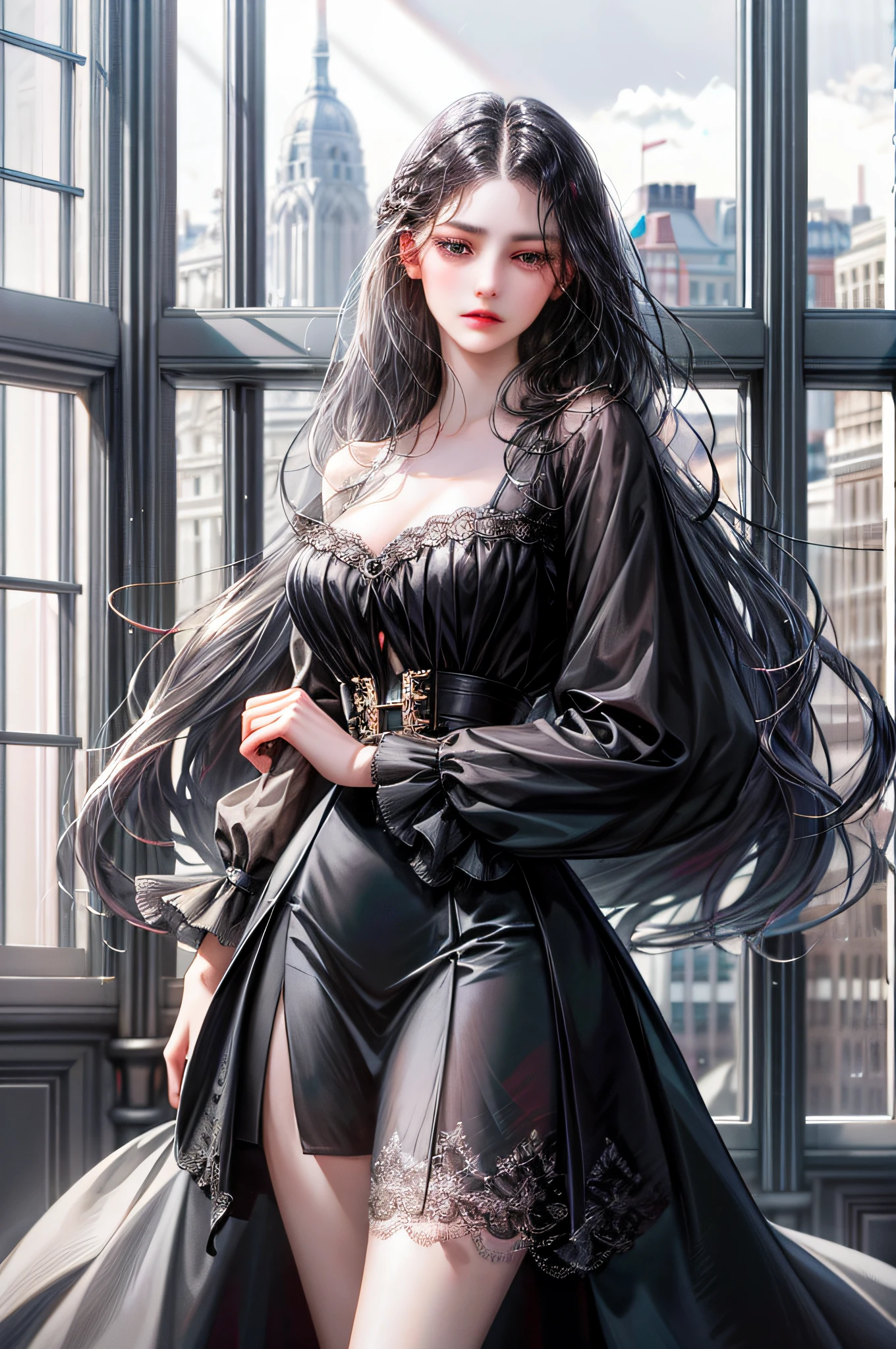 1girl, A company boss, long black wavy hair and gray eyes, tall, thin, sexy, look of disdain and arrogant, elegant and would be from the 21st century behind her is a window showing various buildings in the city