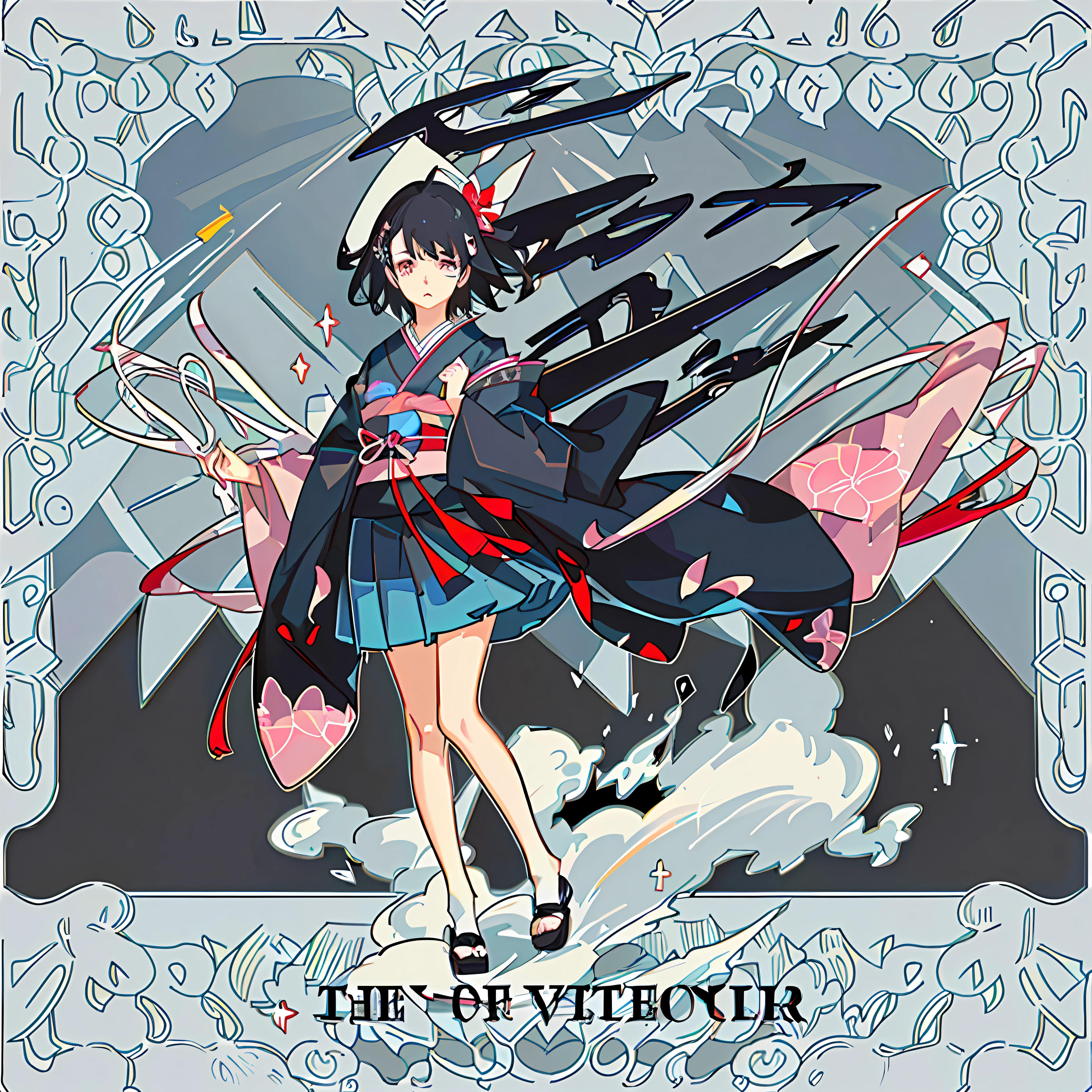 masterpiece, animation, detail, detail eyes, front, full body shooting, away from camera, facing camera, character standing painting, 1 loli, standing, short, flat chest, blank eyes, (expression indifference*2), gorgeous kimono, pink_blue kimono, short skirt, complex pattern on clothes, short hair, black hair, white background