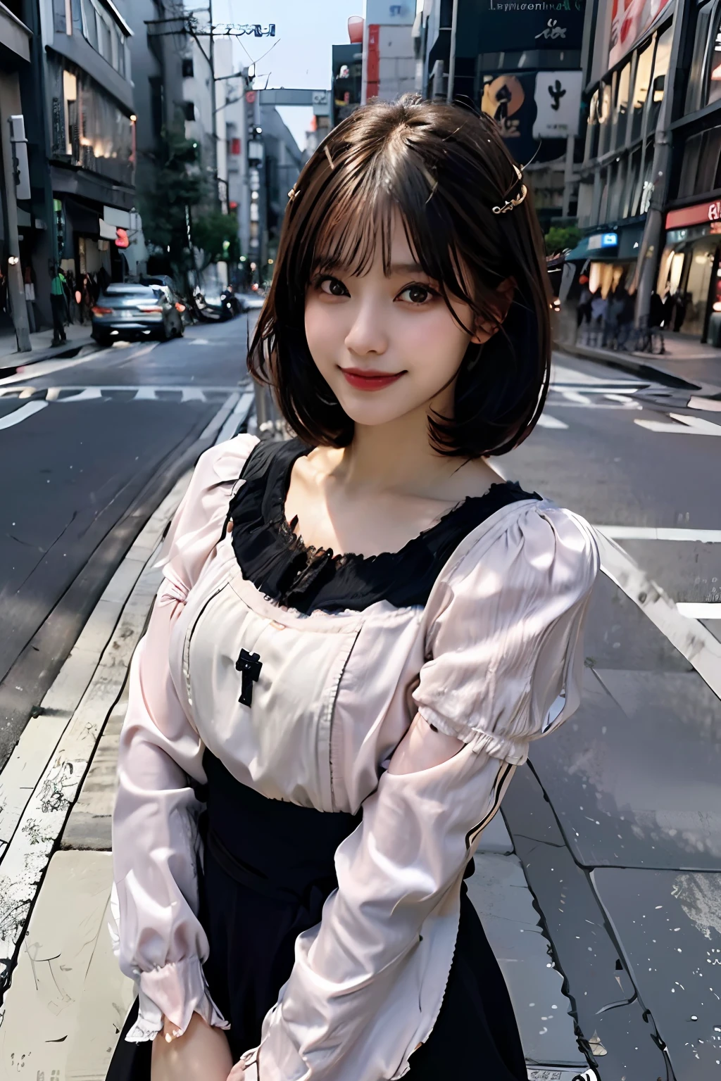 best quality, masterpiece, ultra high res, 8K, raw, (photo realistic:1.4), sharp focus, 1 girl, (detailed background:1.5), (tokyo street:1.3), full body, medium built, dynamic pose, cute,18yo, evil smile, big black eyes, medium breasts, (blonde hair, short hair:1.3), detailed clothes