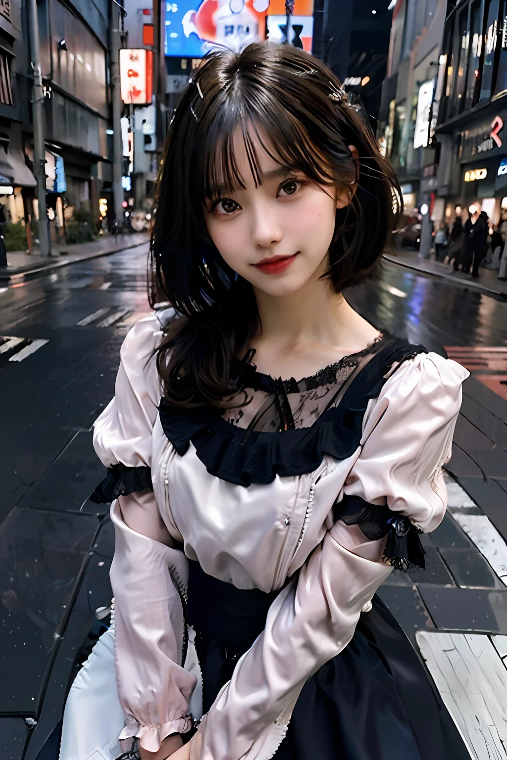 best quality, masterpiece, ultra high res, 8K, raw, (photo realistic:1.4), sharp focus, 1 girl, (detailed background:1.5), (tokyo street:1.3), full body, medium built, dynamic pose, cute,18yo, evil smile, big black eyes, medium breasts, (blonde hair, short hair:1.3), detailed clothes