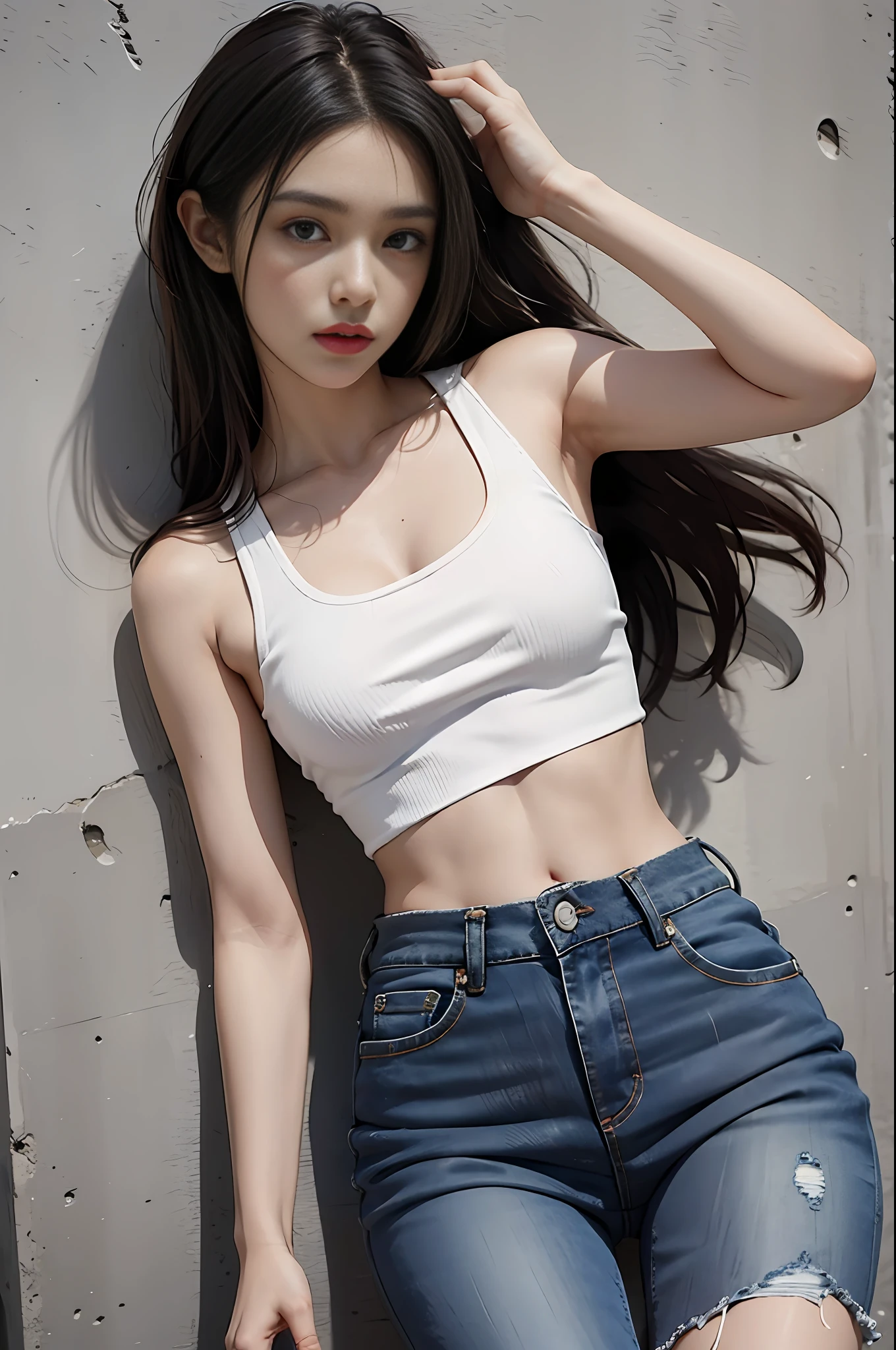 Girl in white bra and tight denim skirt posing for photo, full body, with cropped T-shirt, bra, slim body, smaller bust, slim girl model, 24-year-old female model, lying on the construction site, a group of black men onlooking