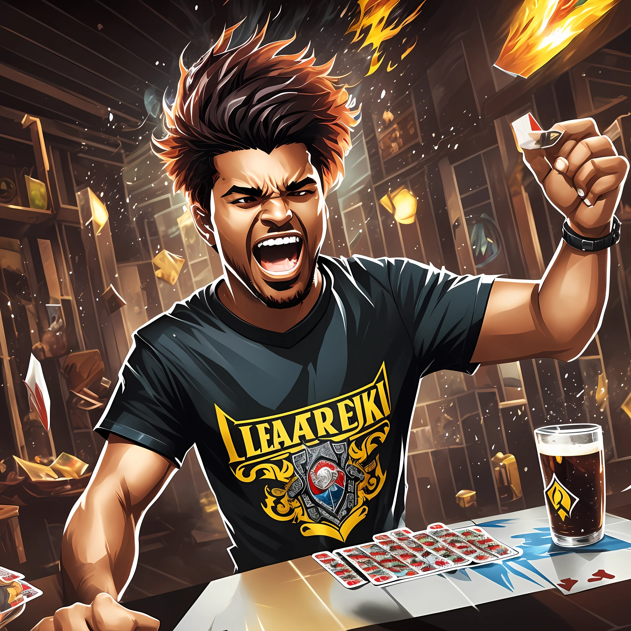 man, black, brazilian, playing cards, drinking beer, wallpaper splash art promo art, league of legends art style, student, drunk, wearing t-shirt soccer team, screaming, happy, splash art, --auto --s2