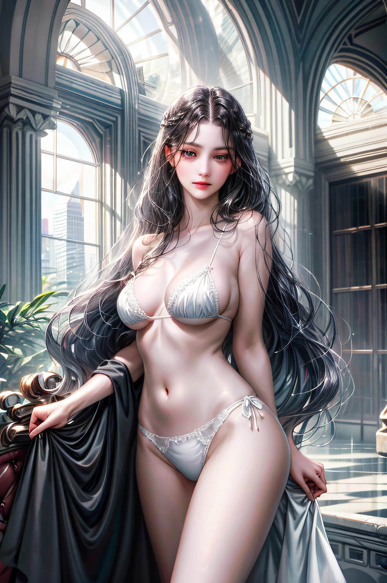 1girl, the boss of the company, long black wavy hair and gray eyes, tall, thin, sexy, contempt and arrogant and elegant, from the 21st century behind her there is a window showing various buildings in the city 1girl, the boss of the company, long black wavy hair and gray eyes, (absurd, high resolution, super detailed), lesbian, Gefax employee, one has long hair, Another is short, Gefax employee, sleeveless, real ((white sheer micro bikini only)), one has long hair, one short one creates behind the woman there are windows showing the various buildings in the city (absurd, high resolution, super detail), Gefax employee, one with long hair, one short woman, underwear bite, sexy pose, lower body slender, dew lossy large,