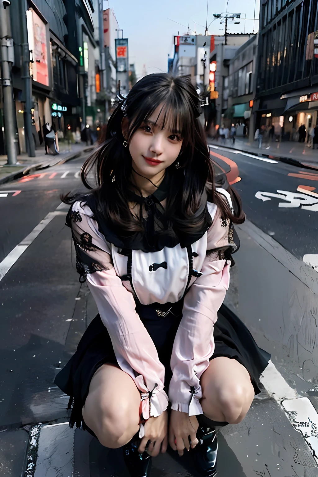 best quality, masterpiece, ultra high res, 8K, raw, (photo realistic:1.4), sharp focus, 1 girl, (detailed background:1.5), (tokyo street:1.3), full body, medium built, squatting, spread legs, skindentation, cute,18yo, evil smile, big black eyes, medium breasts, black hair, detailed clothes