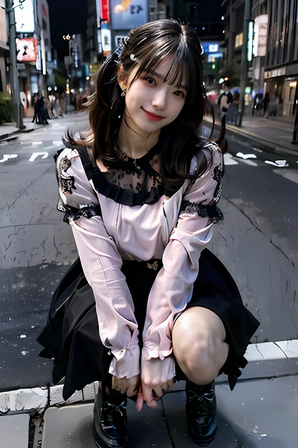 best quality, masterpiece, ultra high res, 8K, raw, (photo realistic:1.4), sharp focus, 1 girl, (detailed background:1.5), (tokyo street:1.3), full body, medium built, squatting, spread legs, skindentation, cute,18yo, evil smile, big black eyes, medium breasts, black hair, detailed clothes