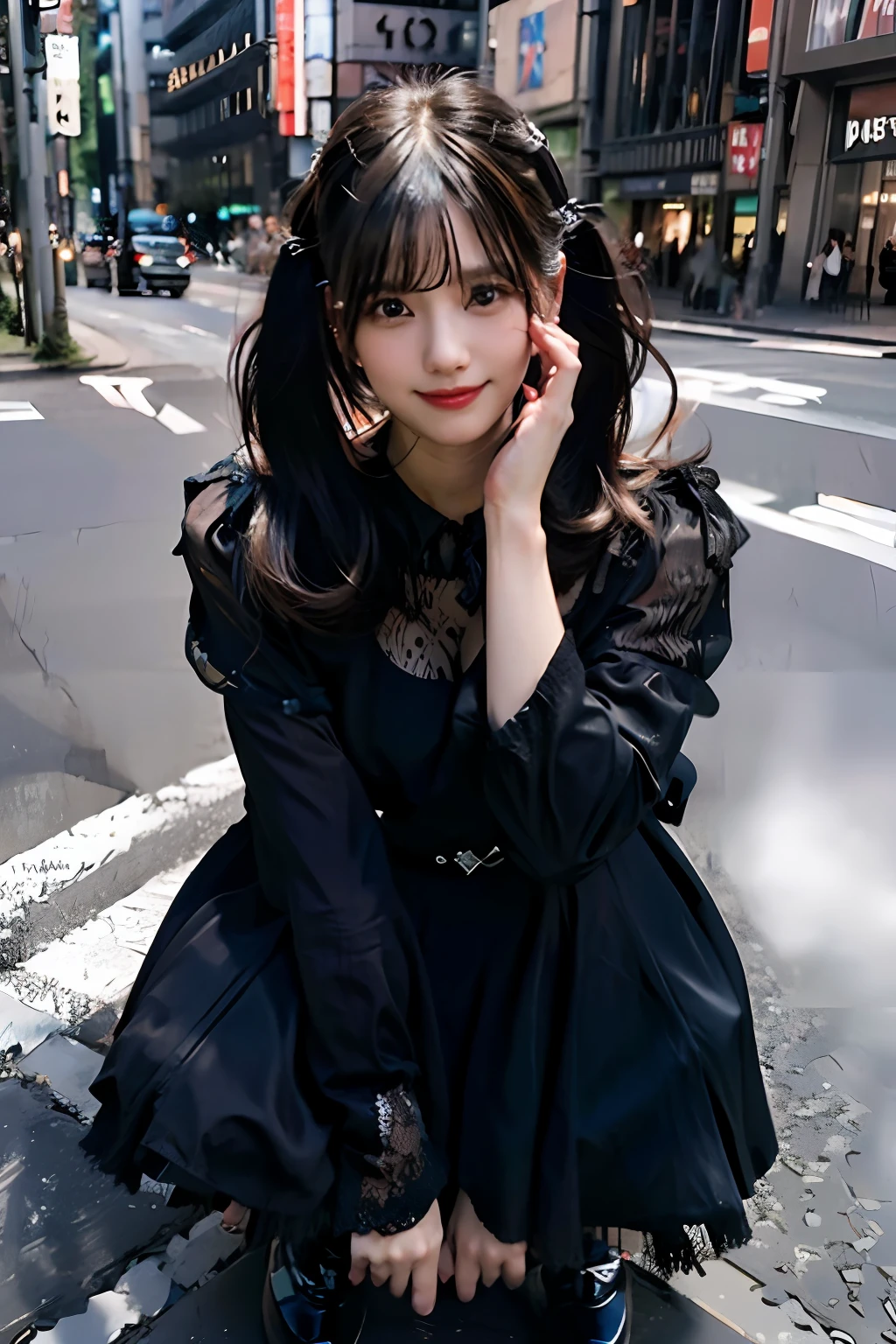 best quality, masterpiece, ultra high res, 8K, raw, (photo realistic:1.4), sharp focus, 1 girl, (detailed background:1.5), (tokyo street:1.3), full body, medium built, squatting, spread legs, skindentation, cute,18yo, evil smile, big black eyes, medium breasts, black hair, detailed clothes
