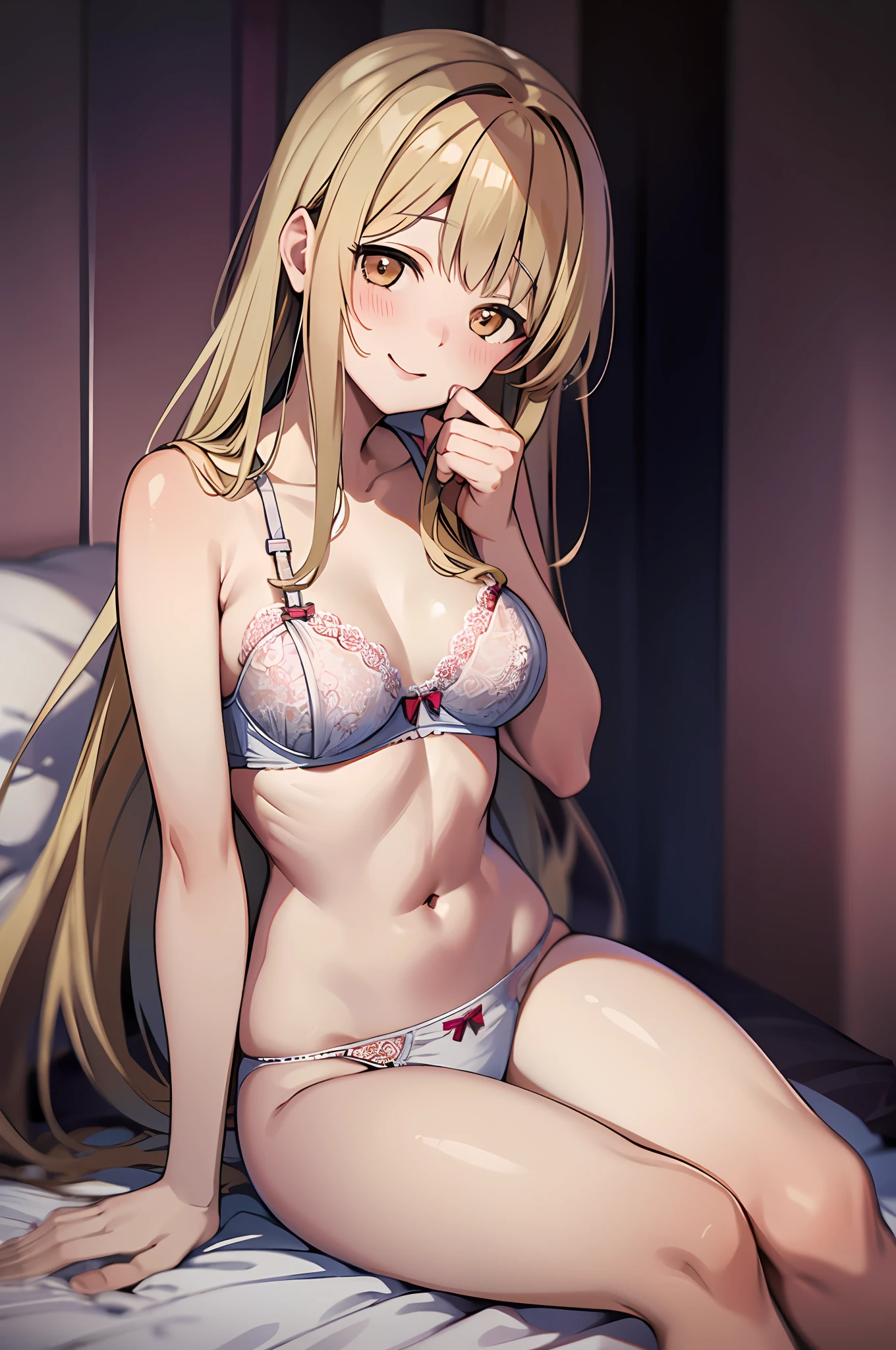 1girl, mahiru shiina, blonde long hair, naked, bra, panties, sitting on bed, smiling, blushing:1.3, medium breasts, sexy body