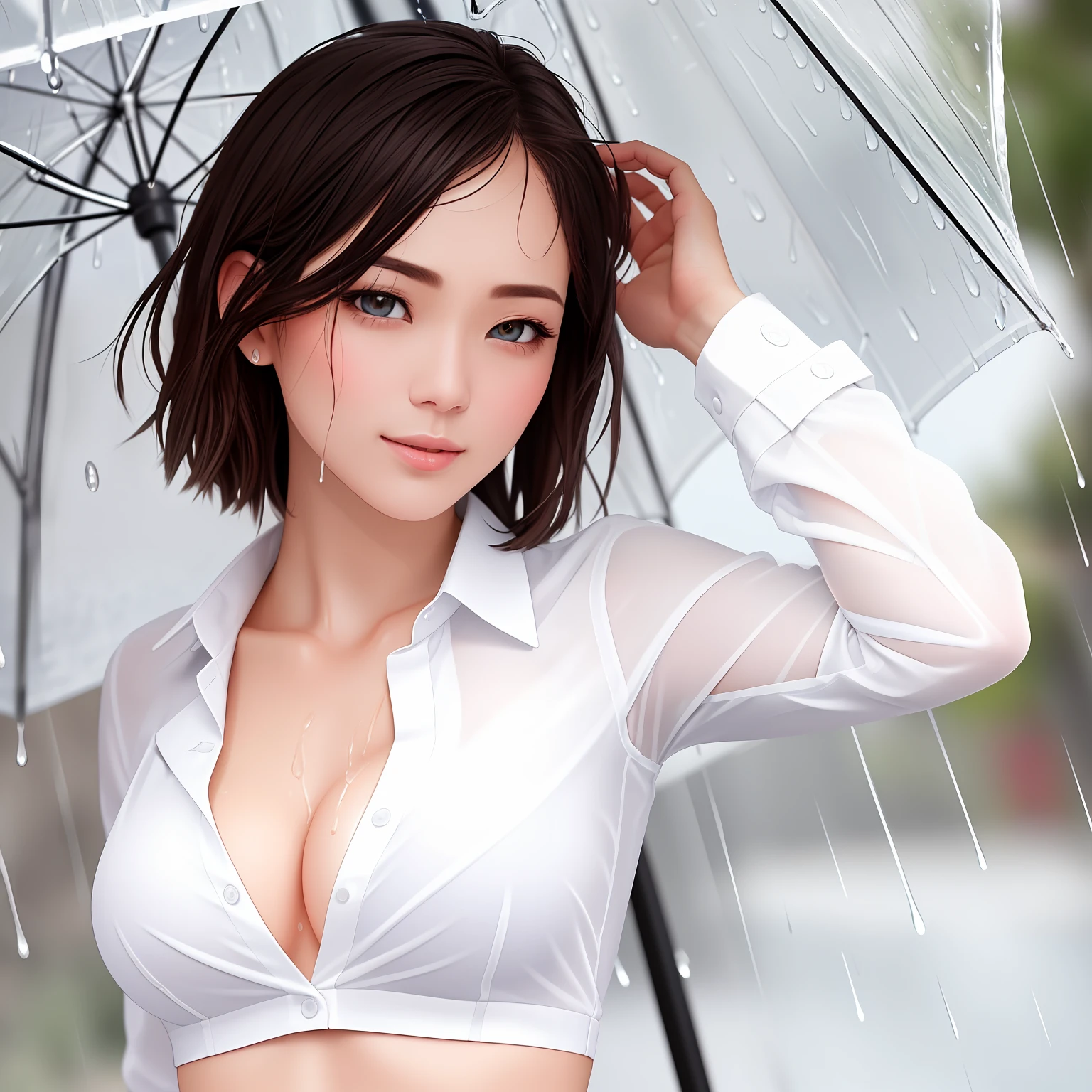 ((Best quality, 8k, Masterpiece: 1.3)), Sharp focus: 1.2, A beautiful woman with perfect body: 1.4, Slim abdomen: 1.2, ((Layered haircut, Large breasts: 1.2)), (no bra) (Small and beautiful hard nipple) (Thin and damp button up to shirt length: 1.1), (White shirt wet by rain), (Rain, Street: 1.2), Wet body: 1.1, Highly detailed face and skin texture,  Detailed eyes, Double eyelid,