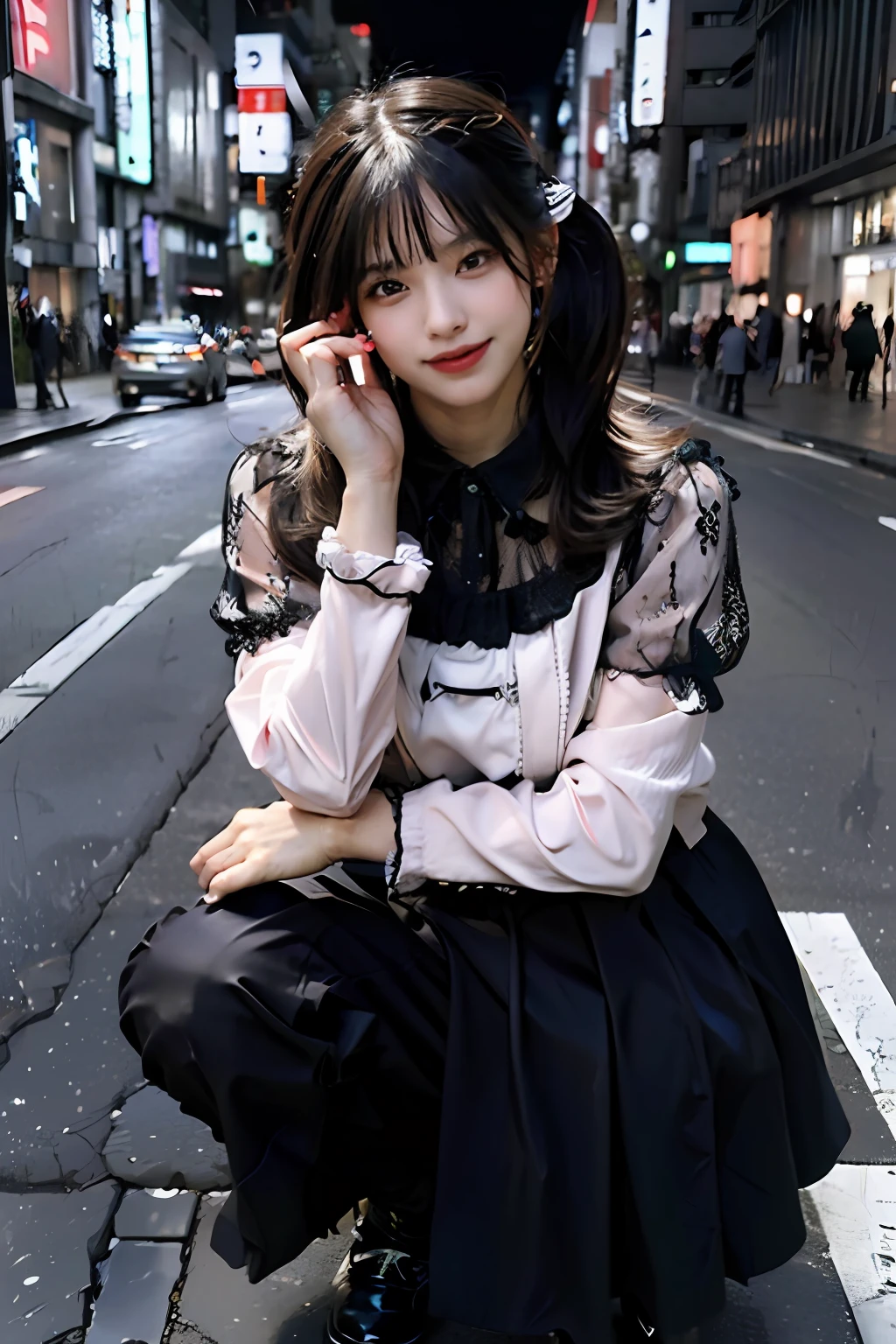 best quality, masterpiece, ultra high res, 8K, raw, (photo realistic:1.4), sharp focus, 1 girl, (detailed background:1.5), (tokyo street:1.3), full body, medium built, squatting, spread legs, skindentation, cute,18yo, evil smile, big black eyes, medium breasts, black hair, detailed clothes