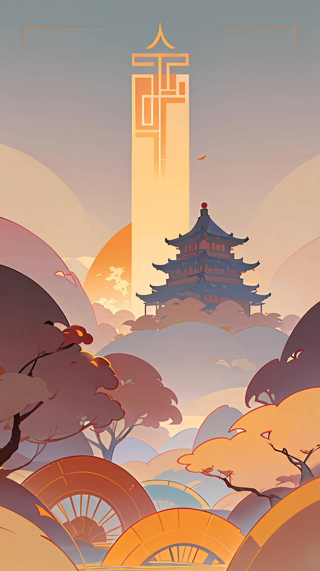 (Chinese landscape), (Zen, Amy Sol style), (Autumn, autumn leaves, fallen leaves, sunset, architecture), cover art with light abstraction, abstract, simple vector art, contemporary Chinese art, color gradients, soft color palettes, layered forms, whimsical animation, style Ethereal abstract, 4K, --v6