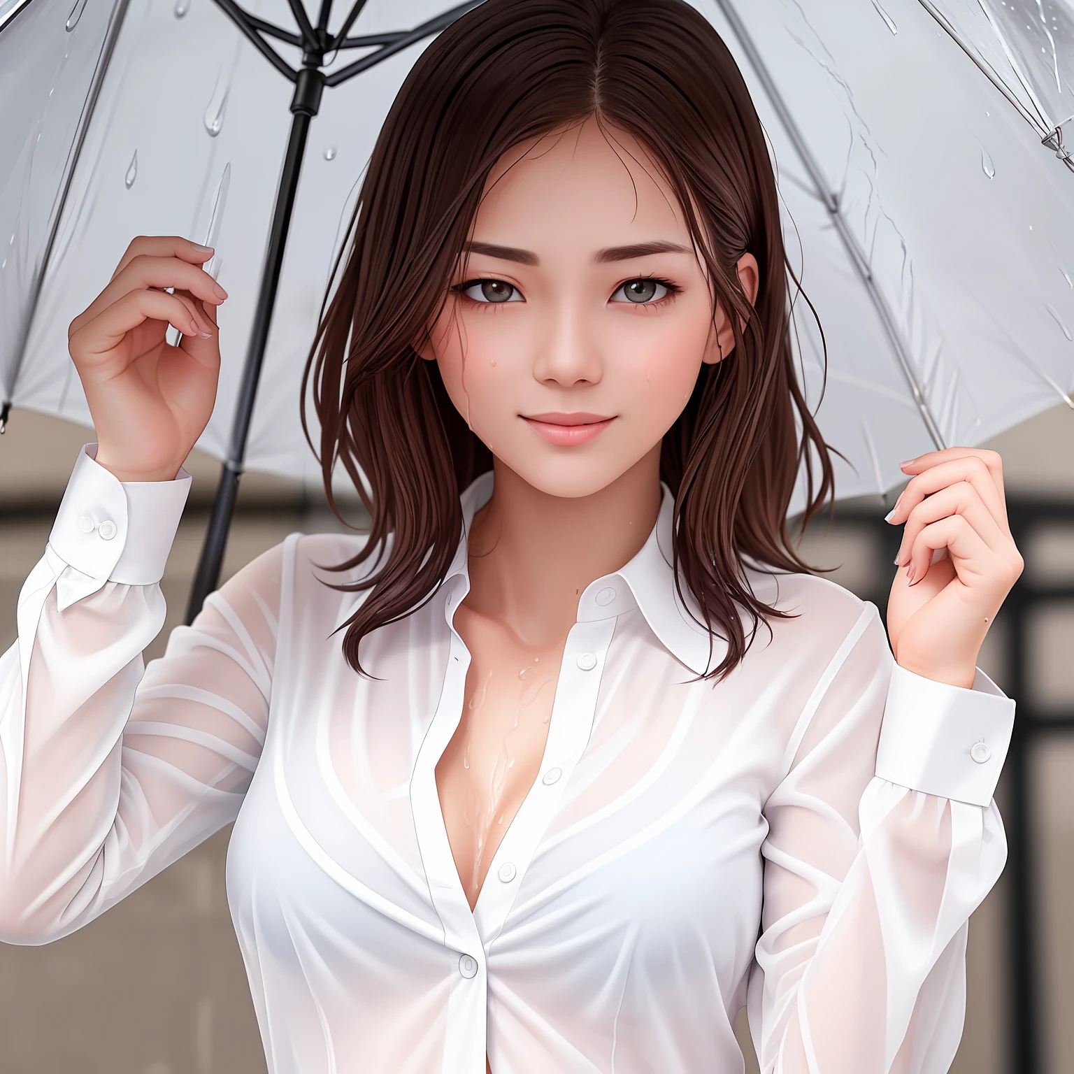 ((Best quality, 8k, Masterpiece: 1.3)), Sharp focus: 1.2, A beautiful woman with perfect body: 1.4, Slim abdomen: 1.2, ((Layered haircut, Large breasts: 1.2)), (no bra) (Small and beautiful hard nipple) (Thin and damp button up to shirt length: 1.1), (White shirt wet by rain), (Rain, Street: 1.2), Wet body: 1.1, Highly detailed face and skin texture,  Detailed eyes, Double eyelid,