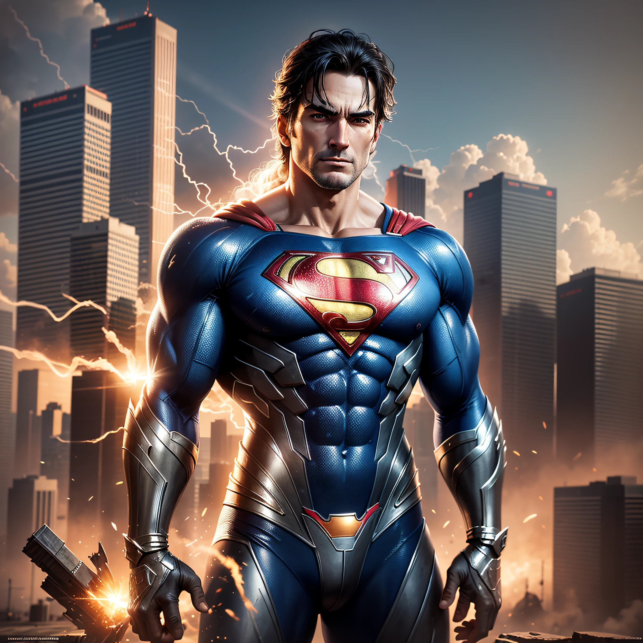 mature man, 4k, high resolution, detailed face,detailed costume superman, superhero pose, standing in ruined city at sunset, hyperdetailed, smoke, sparks, sunbeams, (8k), realistic, symmetrical, award-winning, cinematic lightning, soaked, film, 75mm, scratches, full body photo, close-up, torn and dirty clothes, detailed face, --auto --s2