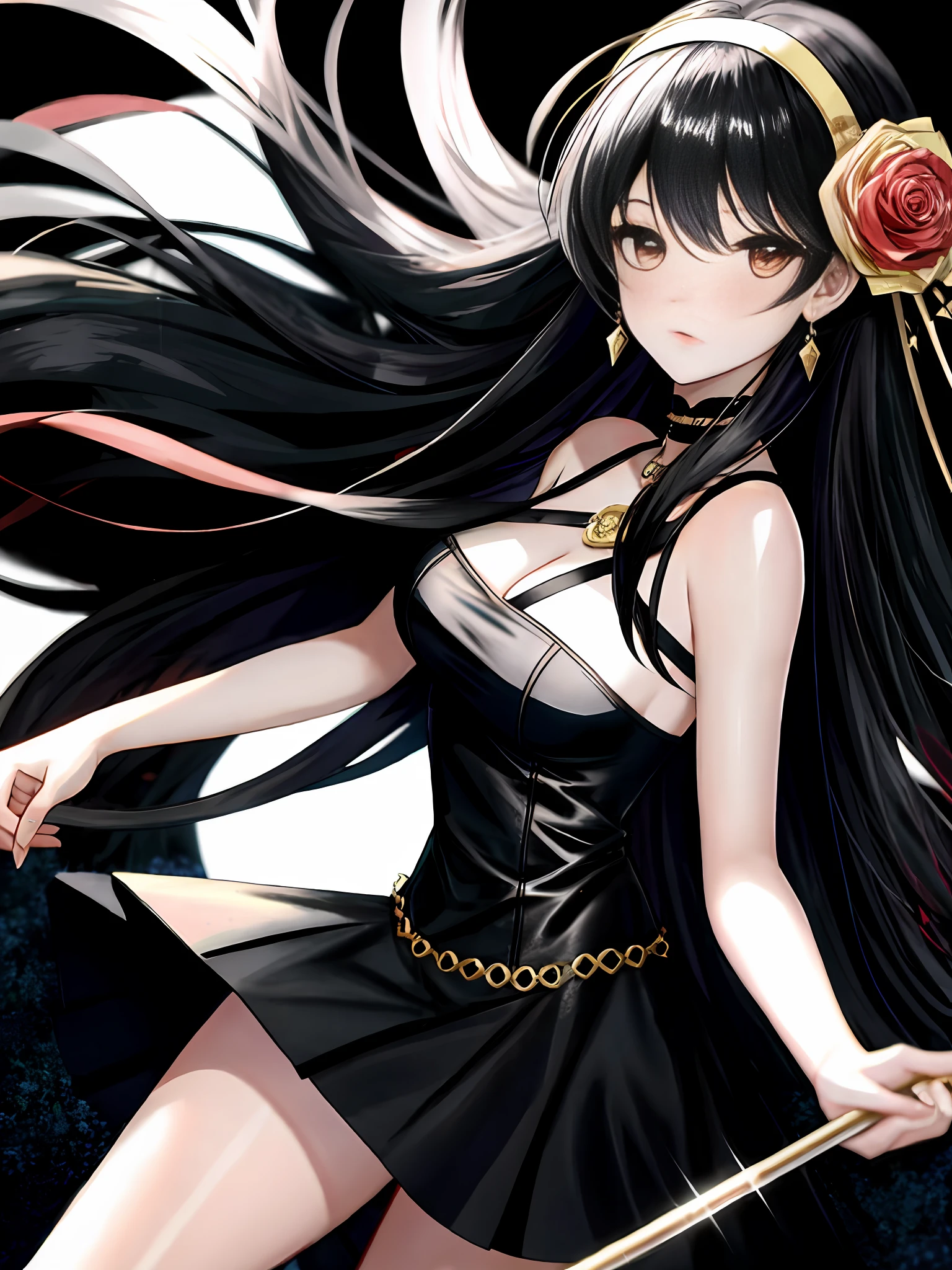 Yor Briar, 1girl, anime girl in black dress, 1 7 - anime gothic girl, detailed doujin art, high quality doujin art, is a slim and cute anime woman in beautiful clothes, bare shoulders, black skirt, black hair, breasts, shut up, skirt, earrings, flower, hair flower, hair ornament, headband, jewelry, medium chest, long hair, looking at the audience, red eyes, side hair, sleeveless, solo, upper body, black background, ((masterpiece))