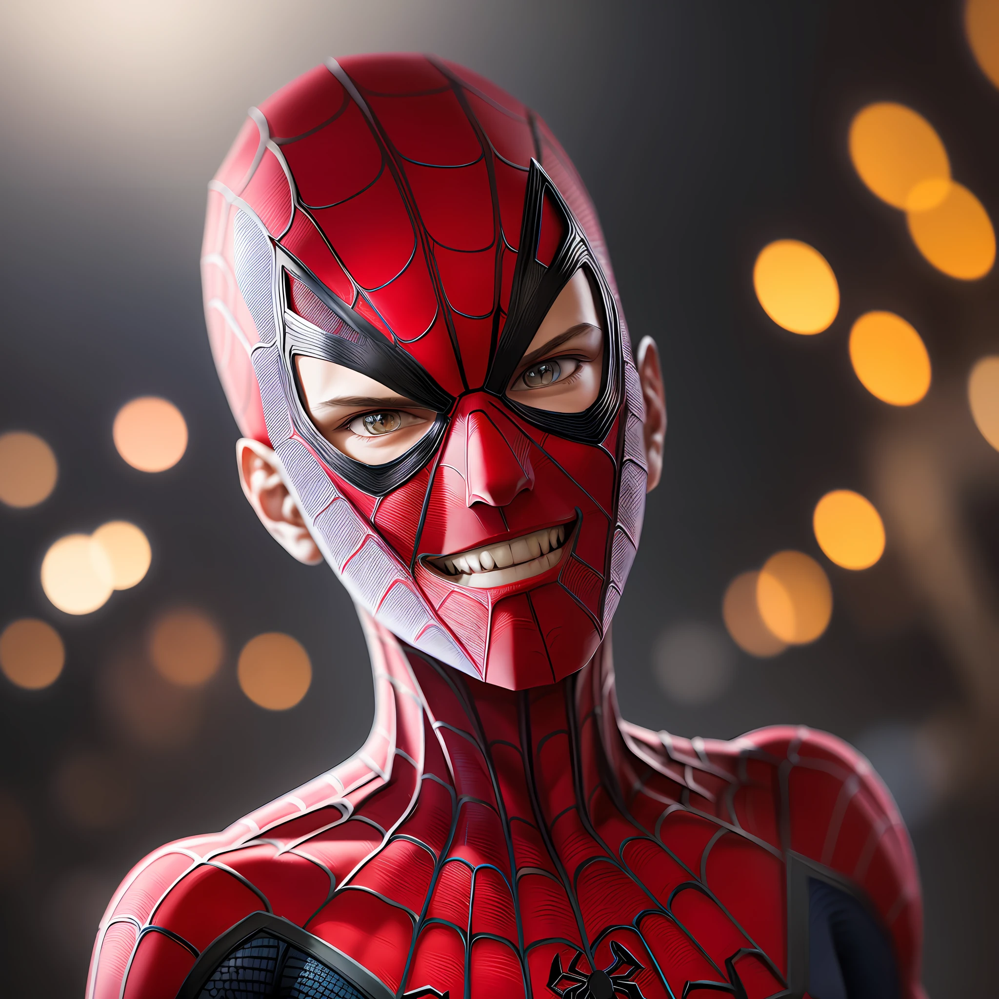 RAW photo, 1 man, spider-man portrait, thin, intricate, elegant, highly detailed, depth of field, natural lighting, hard focus, ray tracing, (gorgeous smile: 1.2), 8k uhd, dslr, soft lighting, high quality, film grain, Fujifilm XT3