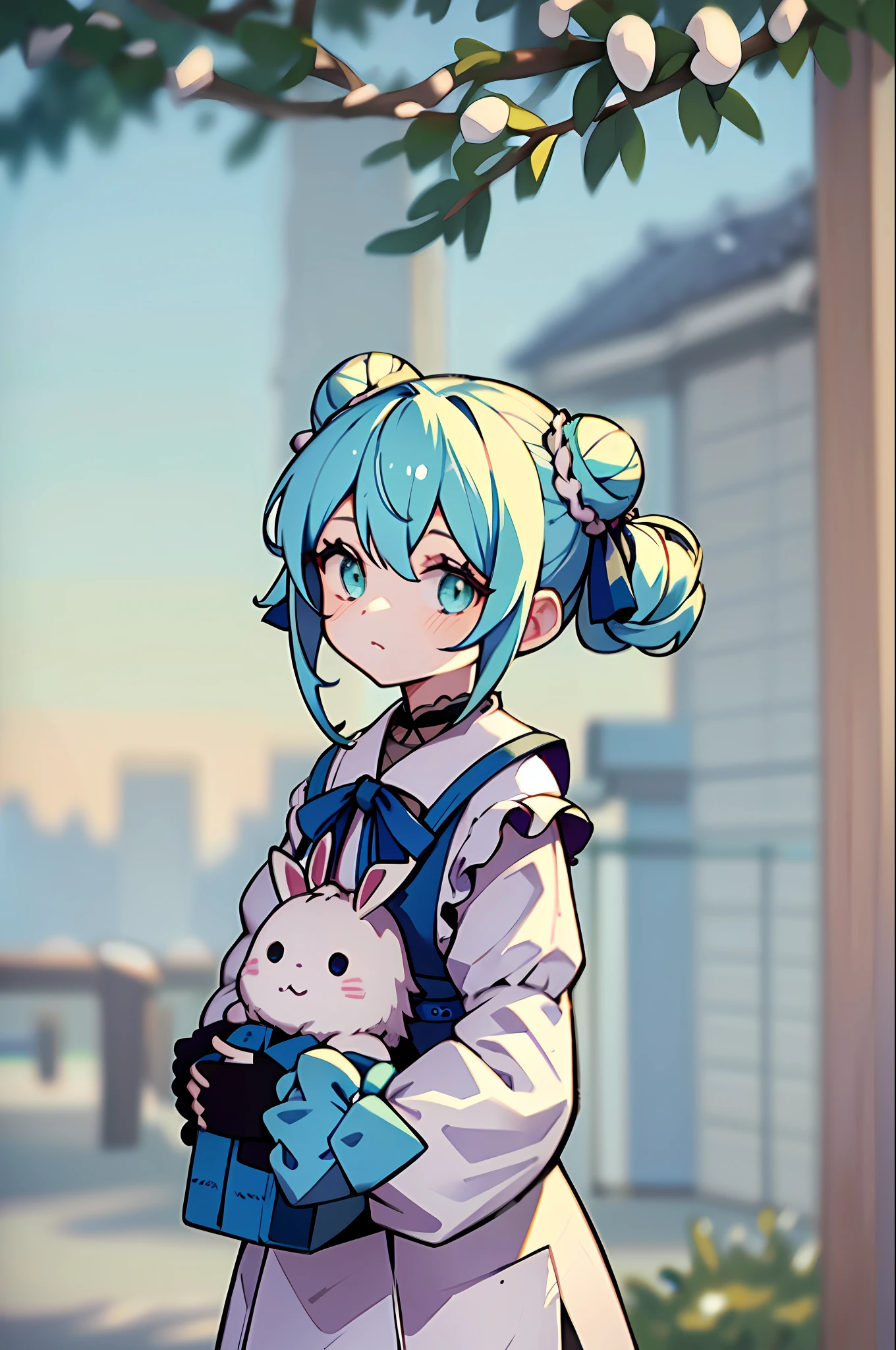 (masterpiece), (best quality), (highly detailed), 1girl, solo, cyan eyes, holding a bunny, looking at viewer, outdoors, snow, long sleeves, bangs, cup, coffee cup, tree, closed mouth, bare tree, pastel blue hair, hair between eyes, ribbon, open clothes, bag, winter, black ribbon, snowing, light blue hair, coat, pastel hair ribbon, hair bun, upper body, jacket, sidelocks, blush,