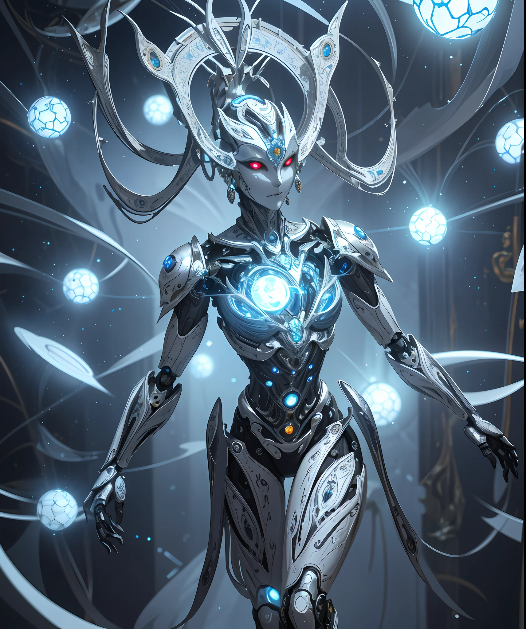 organic robot, white gold plastic, diffuse lighting, fantasy, intricate, elegant, highly detailed, realistic, realistic, digital painting, art station, illustration, concept art, smooth, sharp focus, art by John Collier and Albert Obright and Krenz Kusart and Artem Demulla, full body,