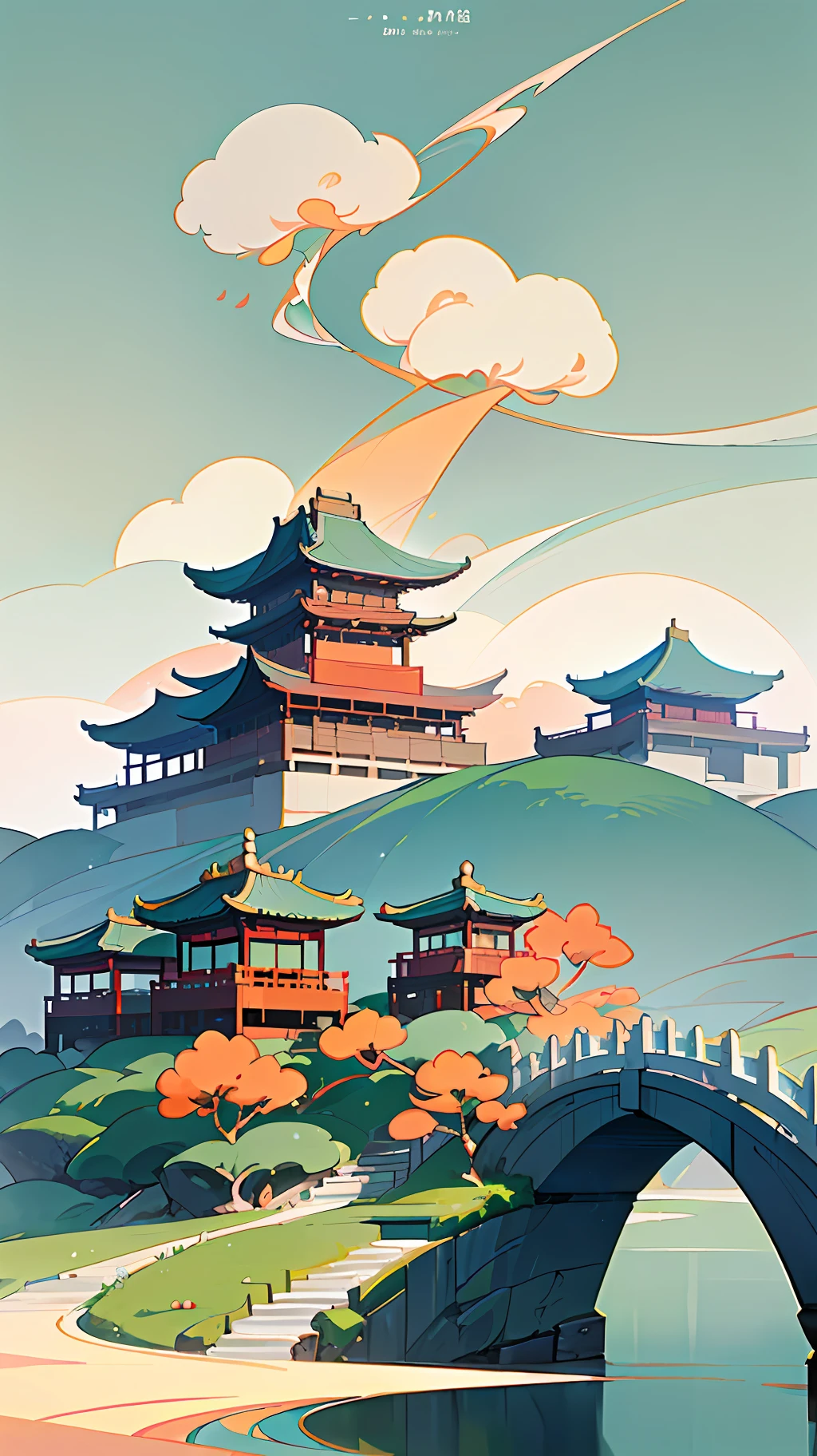 (Chinese landscape), abstract painting, (Zen, Amy Sol style), (spring, green tree, peach blossom, stream, Chinese style architecture), cover art with light abstraction, simple vector art, contemporary Chinese art, color gradients, soft color palettes, layered forms, whimsical animation, style Ethereal abstract, 4K, --v6