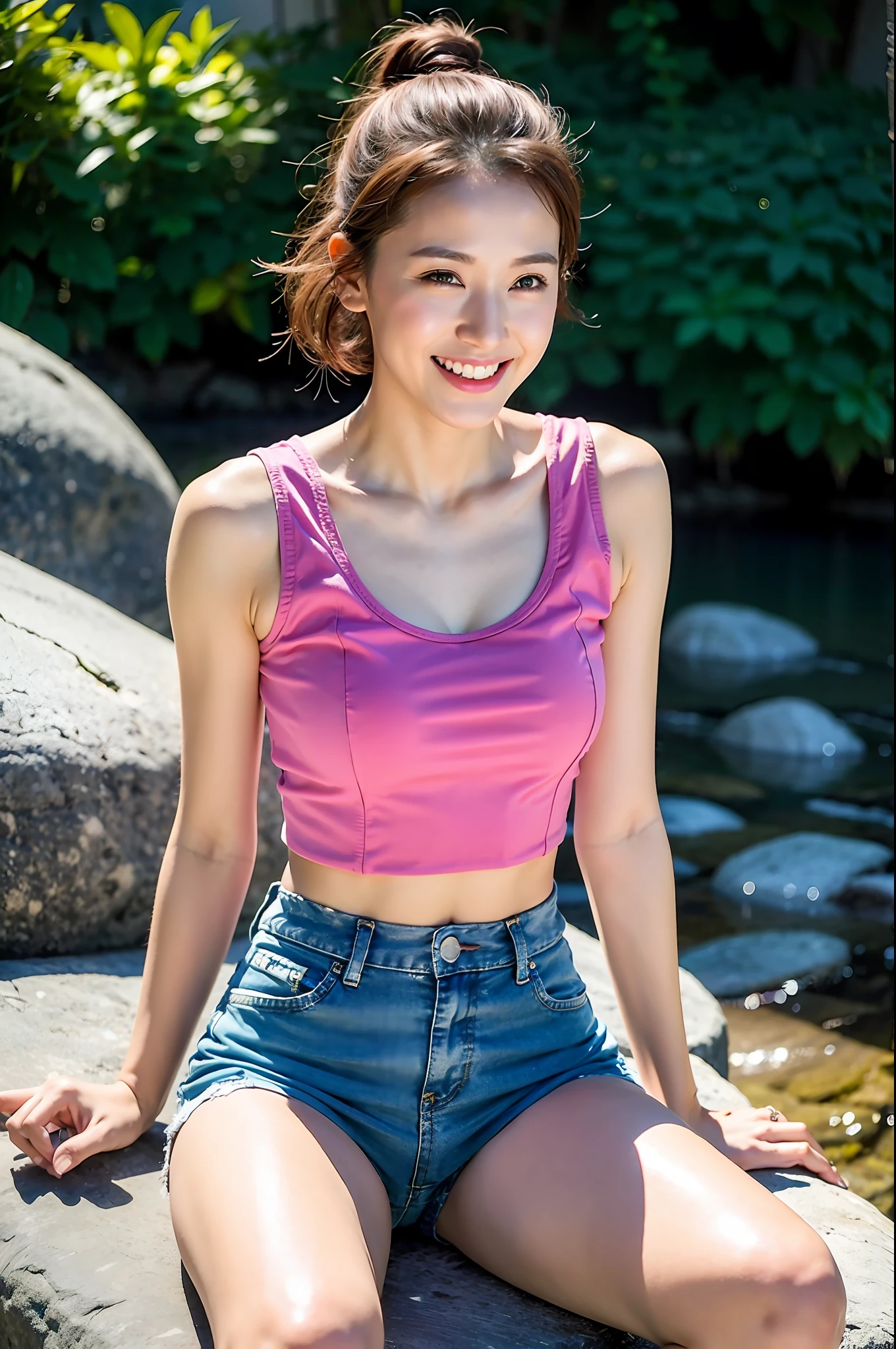 A woman sitting on a rock, wearing a pink top and blue shorts, bra and shorts, streetwear, photo of slim girl model, wearing a camisole and shorts, wearing a tank top and shorts, wearing a sexy cropped top, young cute girl, open V-chest clothes, wearing a crop top, wearing a low-cut vest, wearing a tight simple clothes, white sneakers, laughing, Tyndall effect,