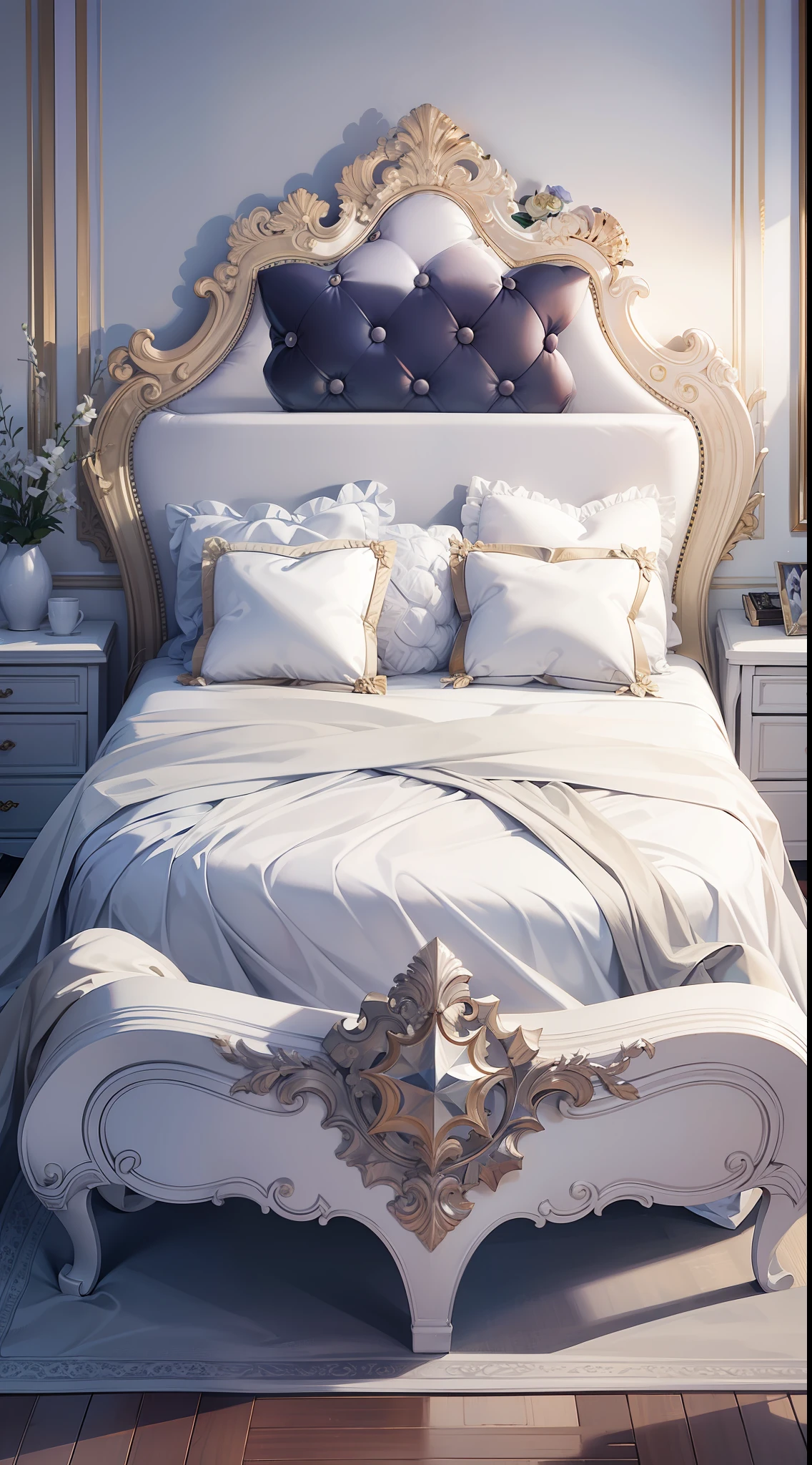 Luxurious white queen bed with top view