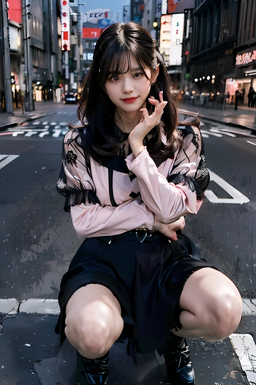 best quality, masterpiece, ultra high res, 8K, raw, (photo realistic:1.4), sharp focus, 1 girl, (detailed background:1.5), (tokyo street:1.3), full body, medium built, squatting, spread legs, skindentation, cute,18yo, evil smile, big black eyes, medium breasts, black hair, detailed clothes