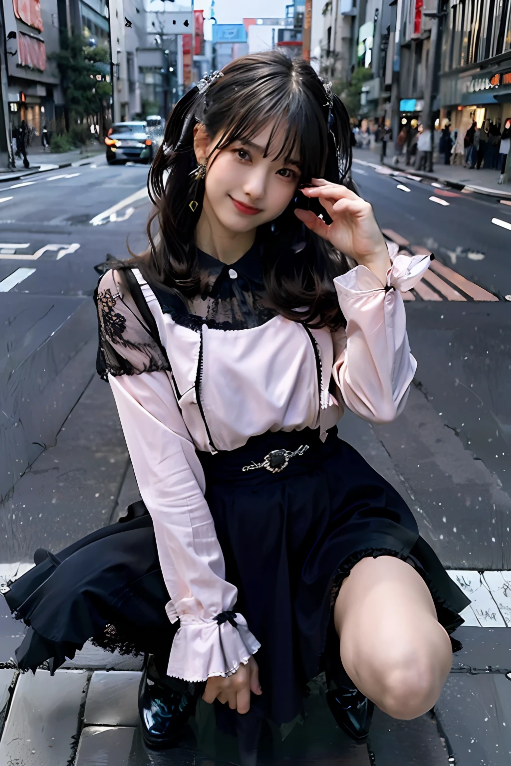 best quality, masterpiece, ultra high res, 8K, raw, (photo realistic:1.4), sharp focus, 1 girl, (detailed background:1.5), (tokyo street:1.3), full body, medium built, squatting, spread legs, skindentation, cute,18yo, evil smile, big black eyes, medium breasts, black hair, detailed clothes