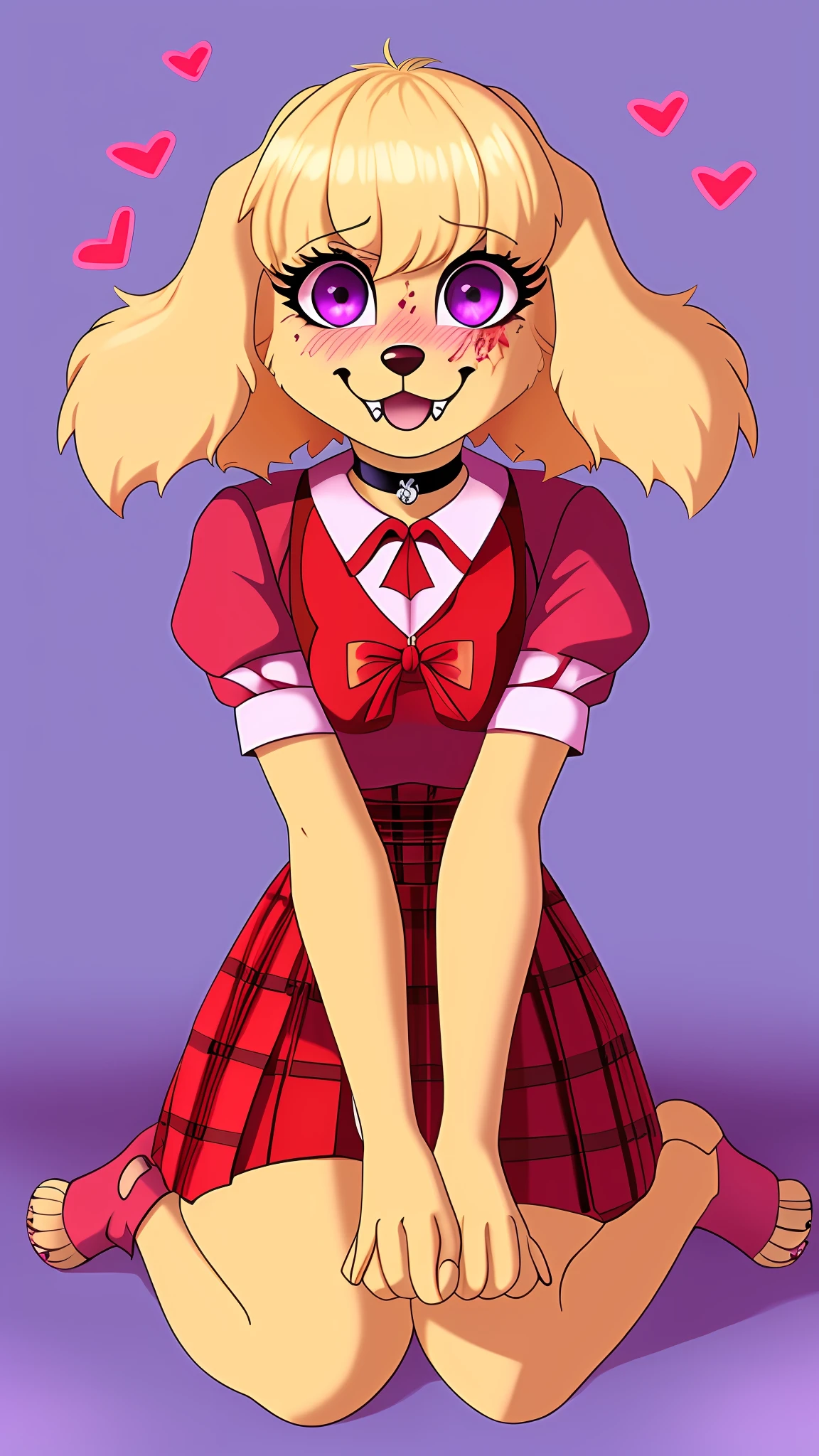 1girl, solo, fangs, happy, full body, clothed, body fur, furry female, furry, purple eyes, tail, looking at viewer, animal ears, blonde hair, :3, short hair, yellow fur, flat color, heart collar, medium breasts, animal nose, choker, dog girl, collar, dog ears, bangs, nose blush, dog tail, animal feet, long ears, golden retriever, spaniel dog, fluffy ears, downward ears, floppy ears, long ear fur, ears as hair, adult, mature, violet eyes, yandere, heart eyes, blood, blush, blood on face, blood on clothes, schoolgirl uniform