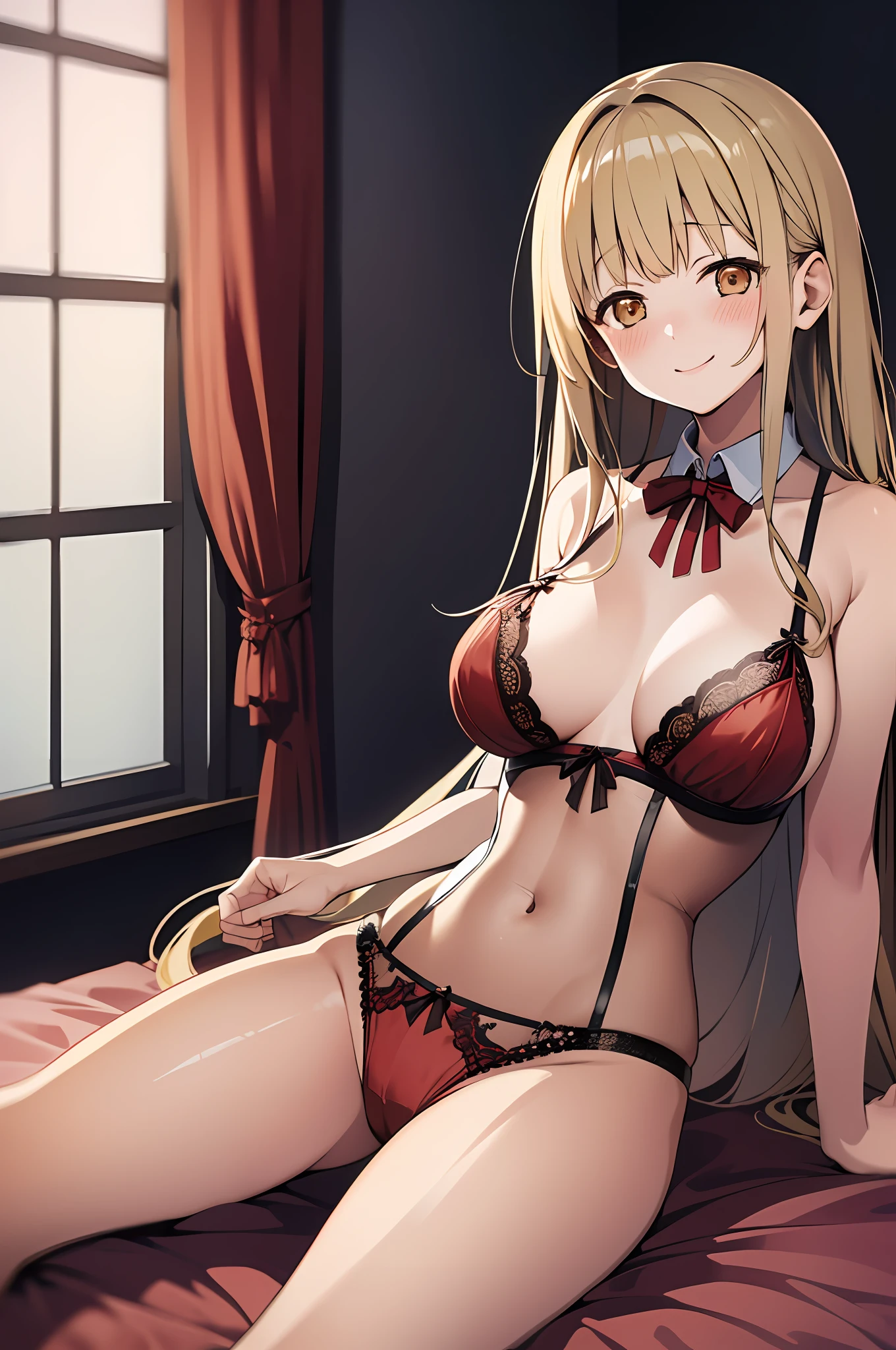 1girl, mahiru shiina, blonde long hair, lingerie, sitting on bed, smiling, (blushing:1.3), medium breasts, sexy body