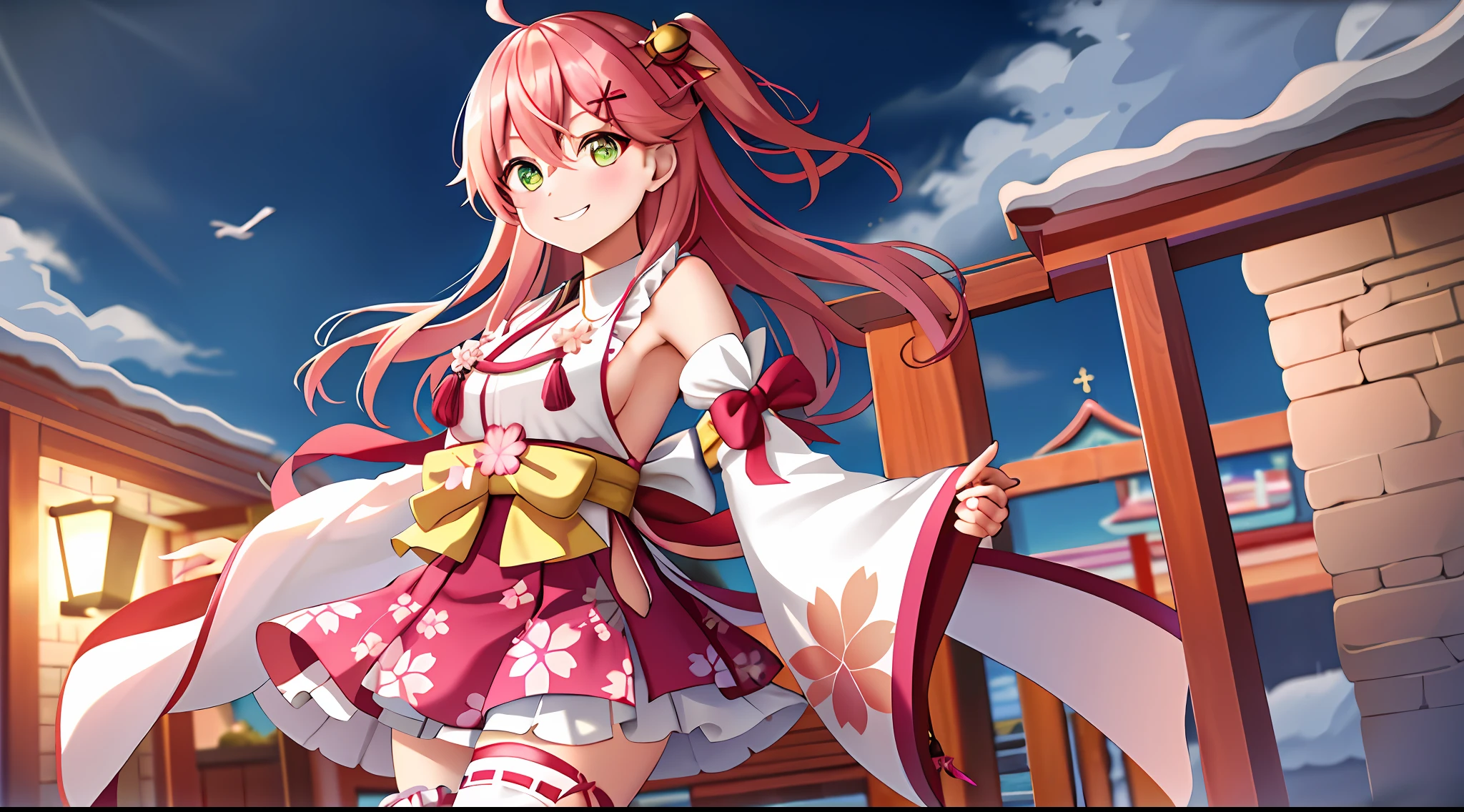 masterpiece, best quality, highres, miko1, sakura miko, 1girl, green eyes, solo, ahoge, x hair ornament, pink hair, single thighhigh, floral print, hairclip, sideboob, hair bell, floral print, long hair, hair between eyes, one side up, white thighhighs, asymmetrical legwear, wide sleeves, cowboy shot, smile,