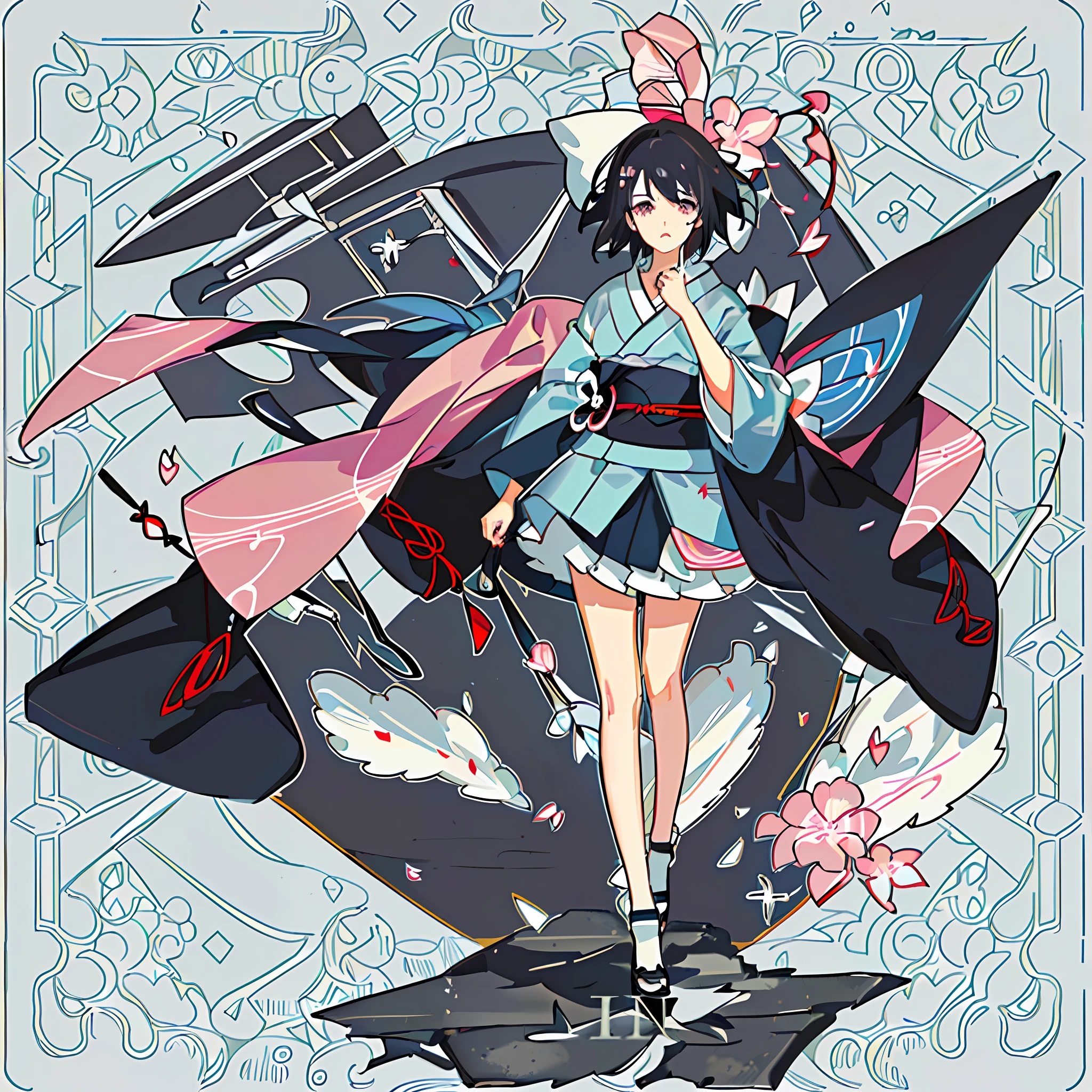 masterpiece, animation, detail, detail eyes, front, full body shooting, away from camera, facing camera, character standing painting, 1 loli, standing, short, flat chest, blank eyes, (expression indifference*2), gorgeous kimono, pink_blue kimono,,complex patterns on clothes, short hair, black hair, white background