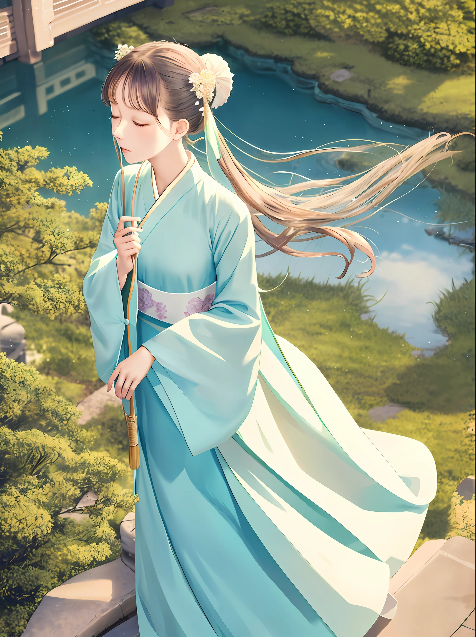Clear, delicate, delicate, 1 girl, solo, hair ornament, hair flower, closed eyes, jewelry, hanfu, dress, wide sleeves, hand fan, long sleeves, hold, shut up, hair bun, hanfu, long hair fluttering, green clothes, by the railing, looking away