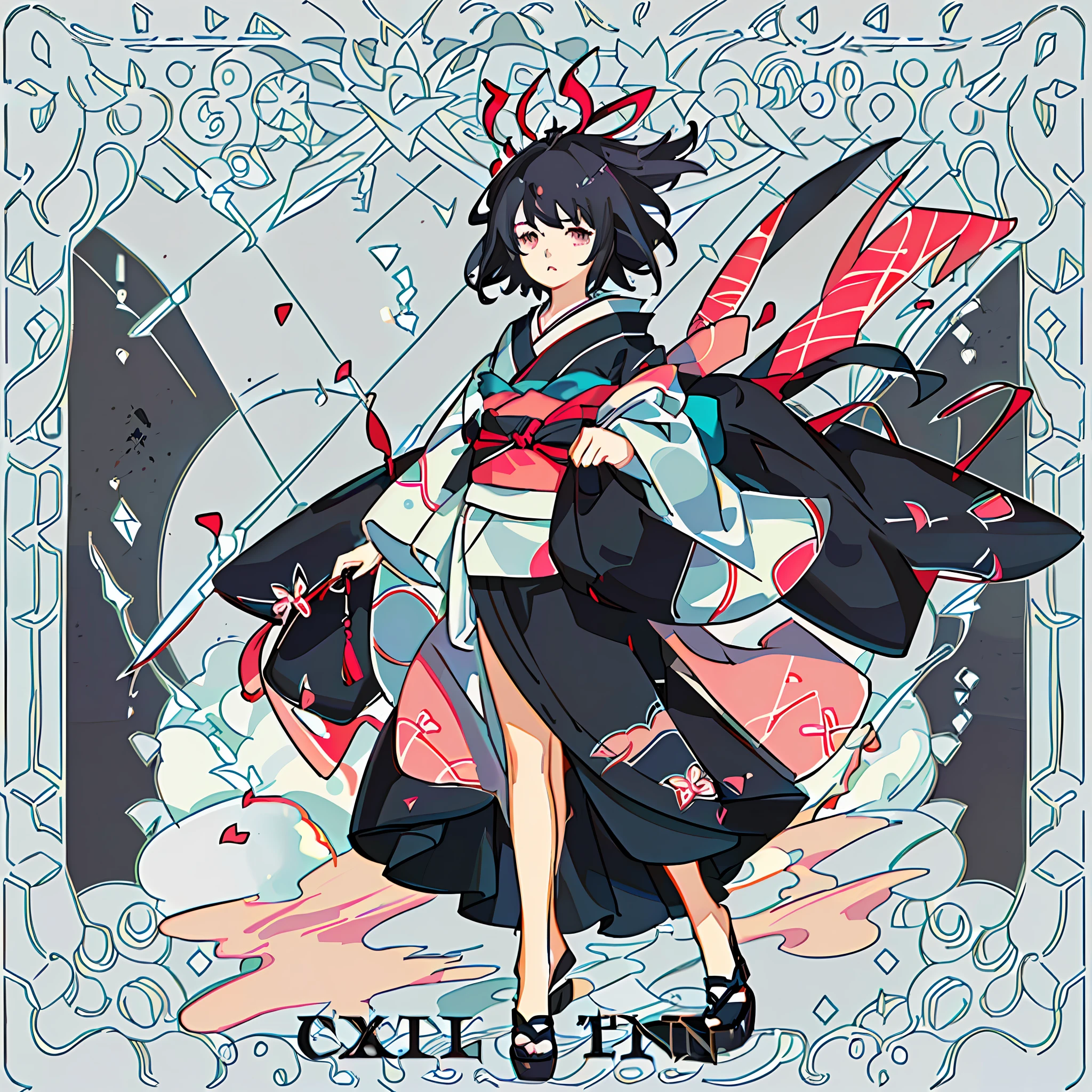 masterpiece, animation, detail, detail eyes, front, full body shooting, away from camera, facing camera, character standing painting, 1 , standing, short, flat chest, blank eyes, (expression indifference2), gorgeous kimono, pink_blue kimono,,complex patterns on clothes, short hair, black hair, white background