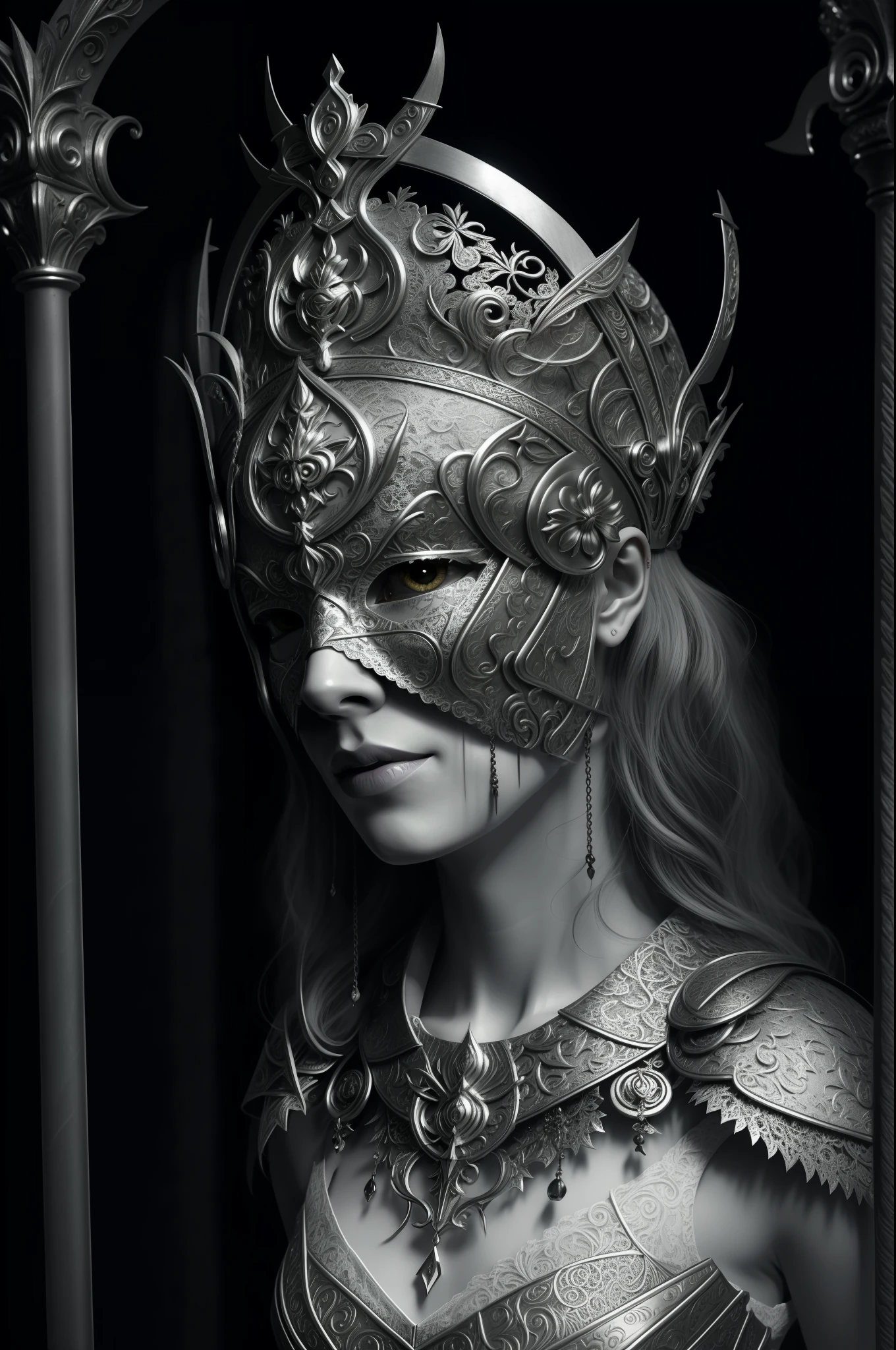 Portrait a woman wearing a blind thorn mask Silver halo, white hair, Gothic dress, lace trim, tone mapped, detailed, highly detailed, digital painting, artstation, concept art, soft, sharp focus, beautiful illustration, photo, backlit, dynamic lighting, fog, intricate, film grain, professional, taken by a Canon EOS R5, facing the viewer,