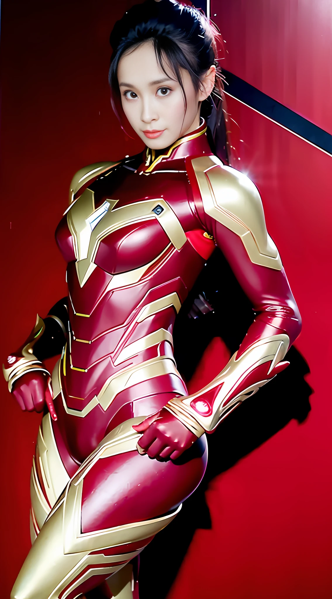 Woman in red and gold suit posing on skateboard, super villain, realistic roleplay, like Iron Man, full body metal armor, Marvel style, armor girl, red armor lady, mecha network armor girl, Yang Mi as Iron Man, hand closeup