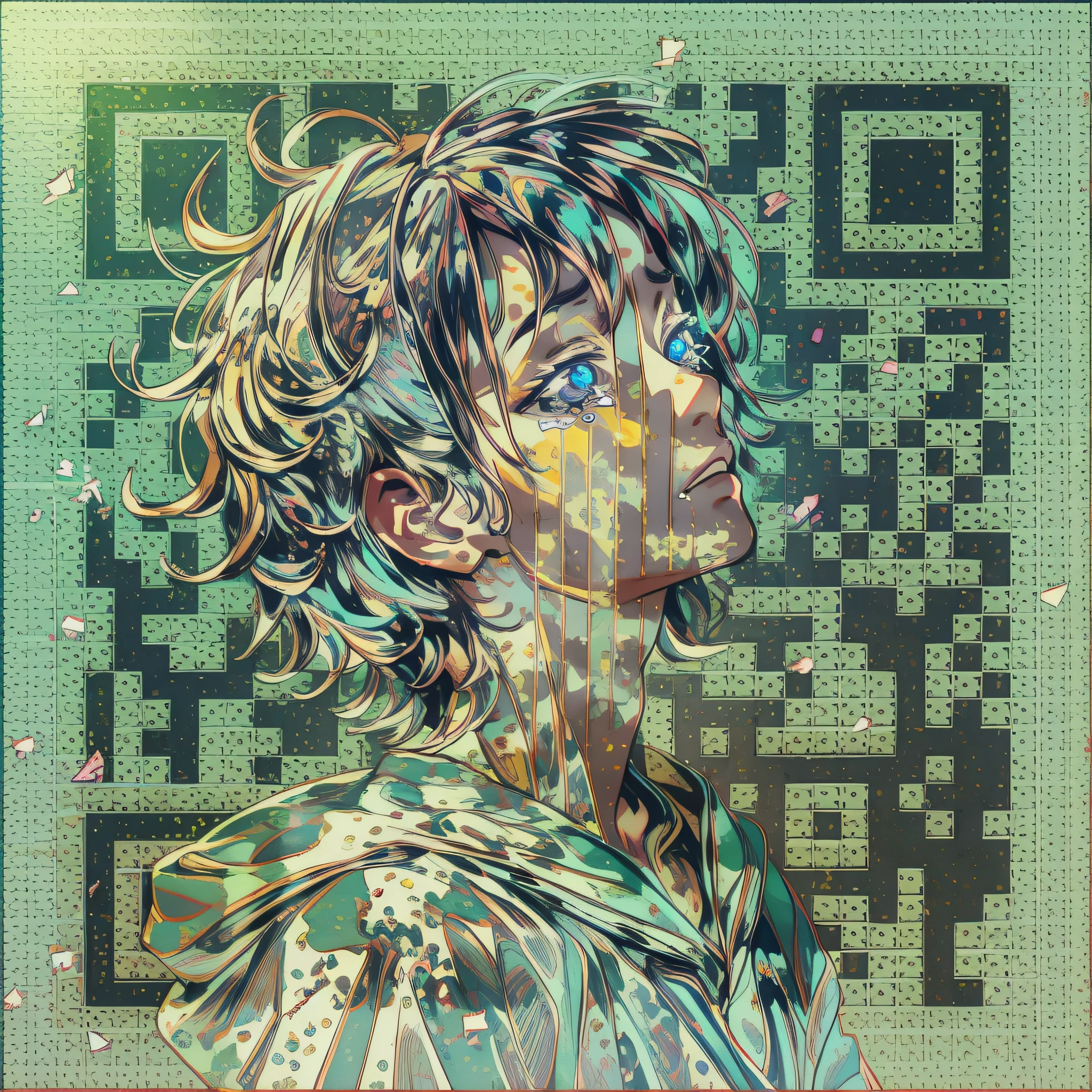 Full body, the anime boy looks up with tears streaming down his face, his expression a mixture of euphoria and hope. The colorful background brings a naivety to the scene, contrasting with the underlying depressive environment. The setting is captured in stunning 16k, with the dust and particles of the air competing for attention. The tired stance of the boy combined with a straight wall behind him emphasizes his vulnerability, and he is seen sobbing with a sense of dullness.