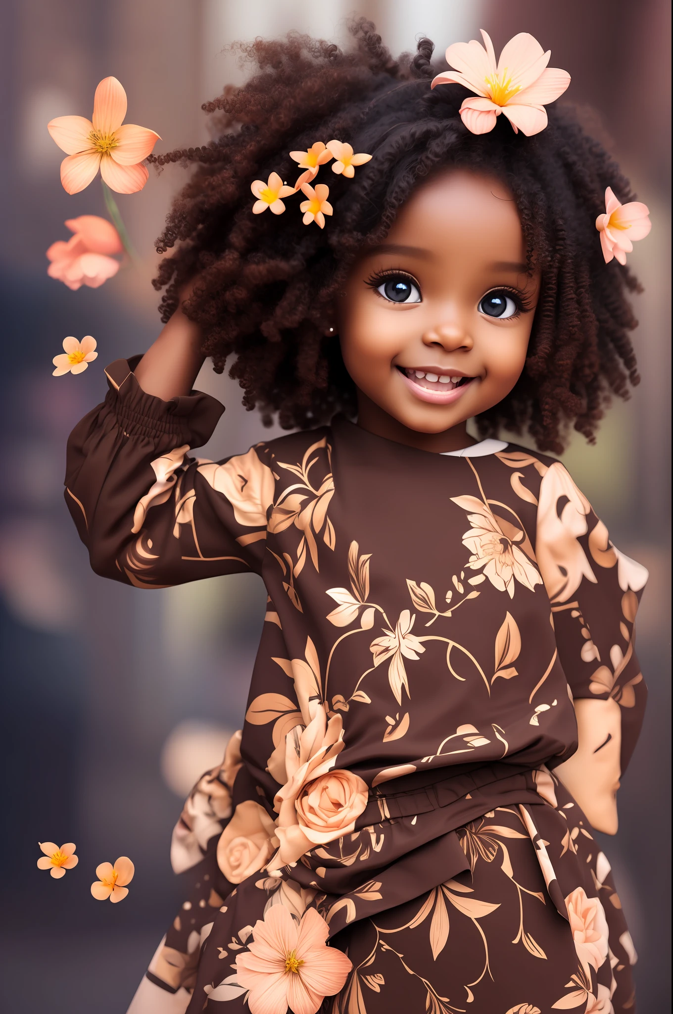 3D style realistic portrait of beautiful 9 African African baby girlark brown skin color)) in city street, with jumping happily, ((Playtoon)), cute smile, ((with flowers)), wearing T-shirt (((without print))), orange and jeans, shoes from current fashion, mega hair long curly hair, ((kanekalon)), (cinematic contour lighting), close-up, product preview, detailed facial details, perfect face, sharpness, trend art, sharp facial details, cgsociety , art very high quality digital, exquisite hyperdetail, 4k, 3D, 8k, chibi style, soft lighting, dreamy fashion --auto --s2