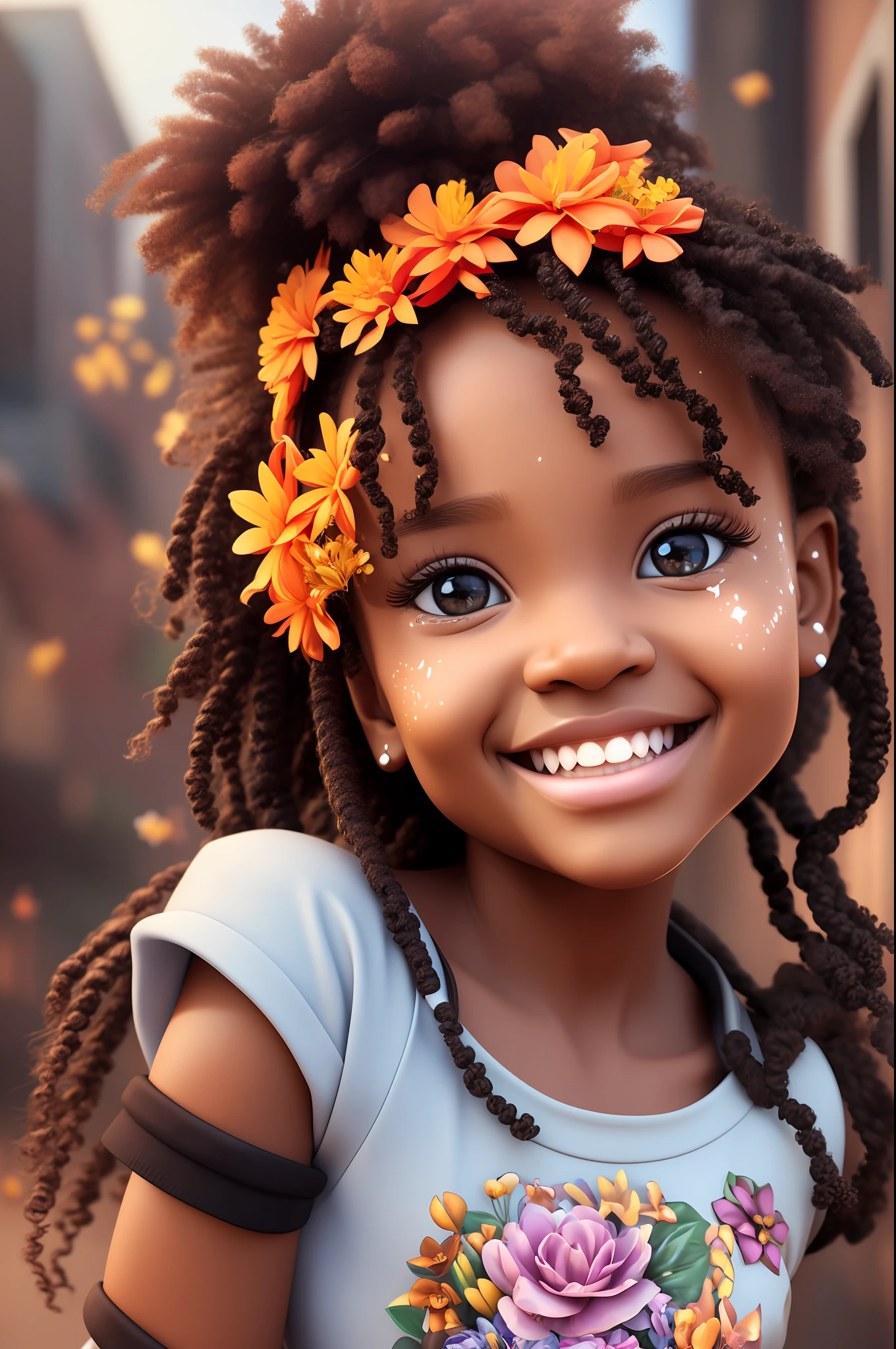 3D style realistic portrait of beautiful 9 African African baby girlark brown skin color)) in city street, with jumping happily, ((Playtoon)), cute smile, ((with flowers)), wearing T-shirt (((without print))), orange and jeans, shoes from current fashion, mega hair long curly hair, ((kanekalon)), (cinematic contour lighting), close-up, product preview, detailed facial details, perfect face, sharpness, trend art, sharp facial details, cgsociety , art very high quality digital, exquisite hyperdetail, 4k, 3D, 8k, chibi style, soft lighting, dreamy fashion --auto --s2